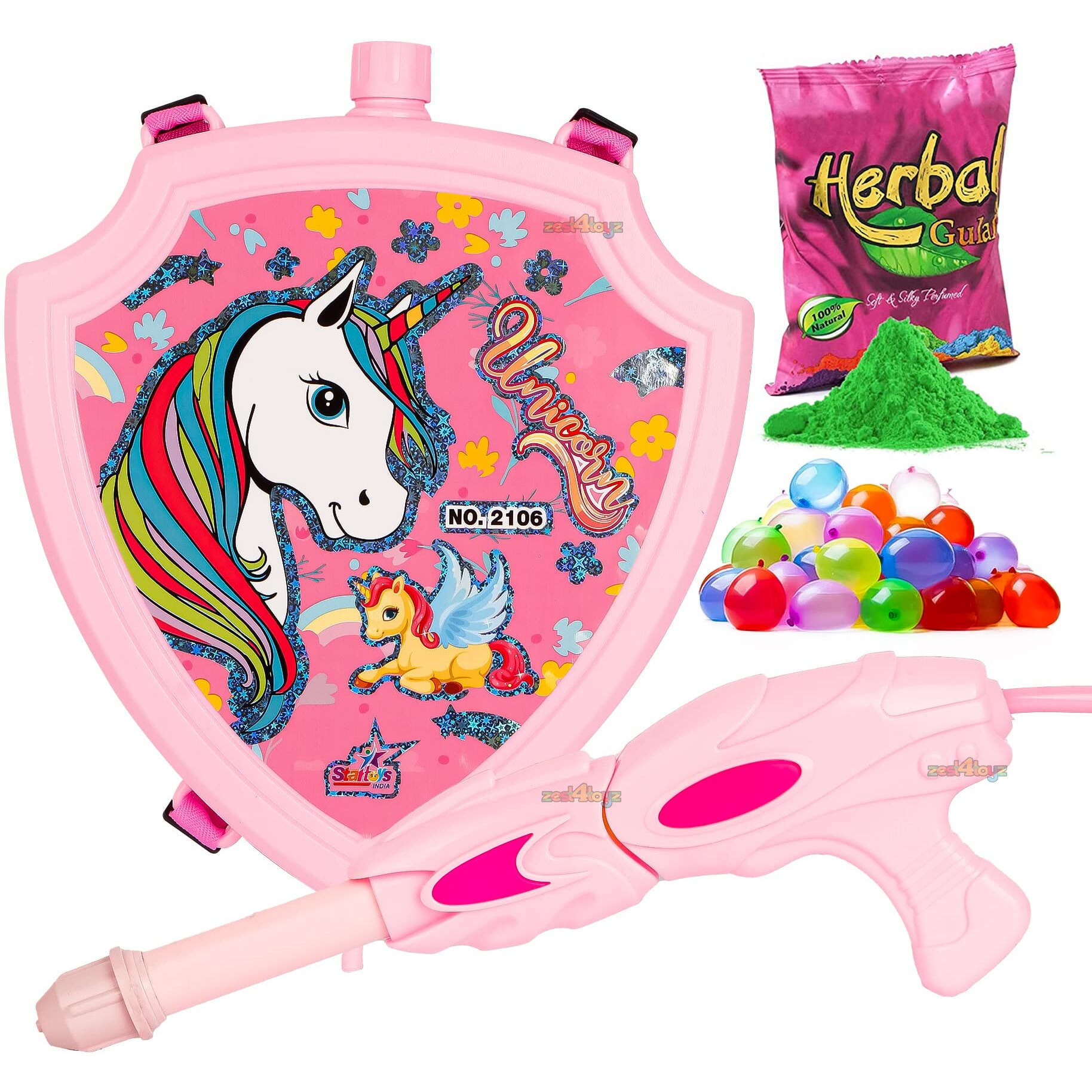Zest 4 Toyz Holi Pichkari Water Gun for Kids Backpack Tank Holi Water Gun with 1 Pkt Holi Color and 100 Balloons for Holi Celebration Water Spray Gun - Boys and Girls (Diamond Tank - Unicorn)