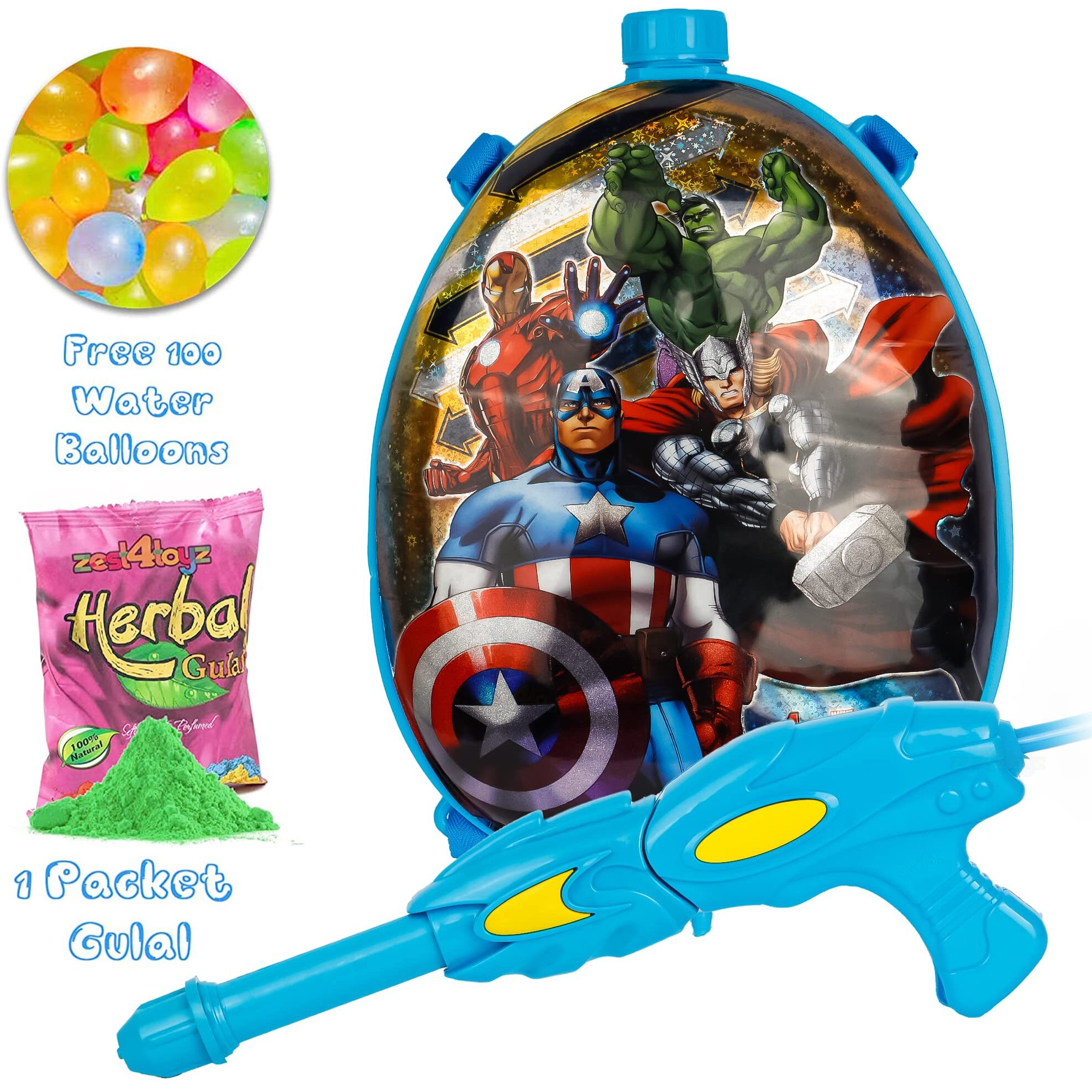Zest 4 Toyz Holi Pichkari Water Gun for Kids Back Holding Tank with Holi Combo 1 Pkt Holi Color and 100 Balloons for Holi Pool Parties- Boys and Girls(Gold Tank)