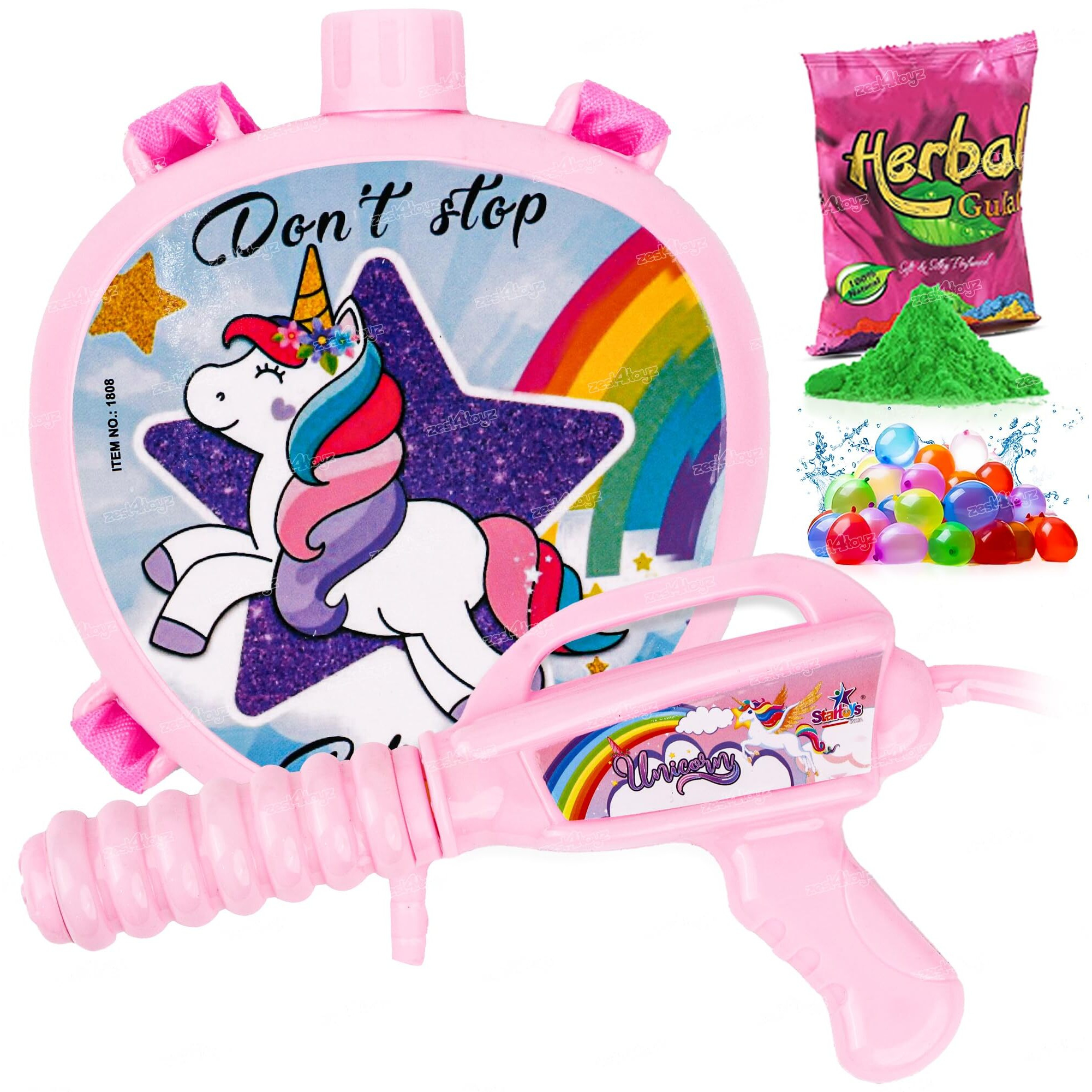 Zest 4 Toyz Holi Pichkari Water Gun for Kids High Pressure with Unicorn Back Holding Tank Get Holi Combo of 1 Pkt Holi Color & 100 Water Balloons for Boys and Girls (Wonder Tank) - Pink