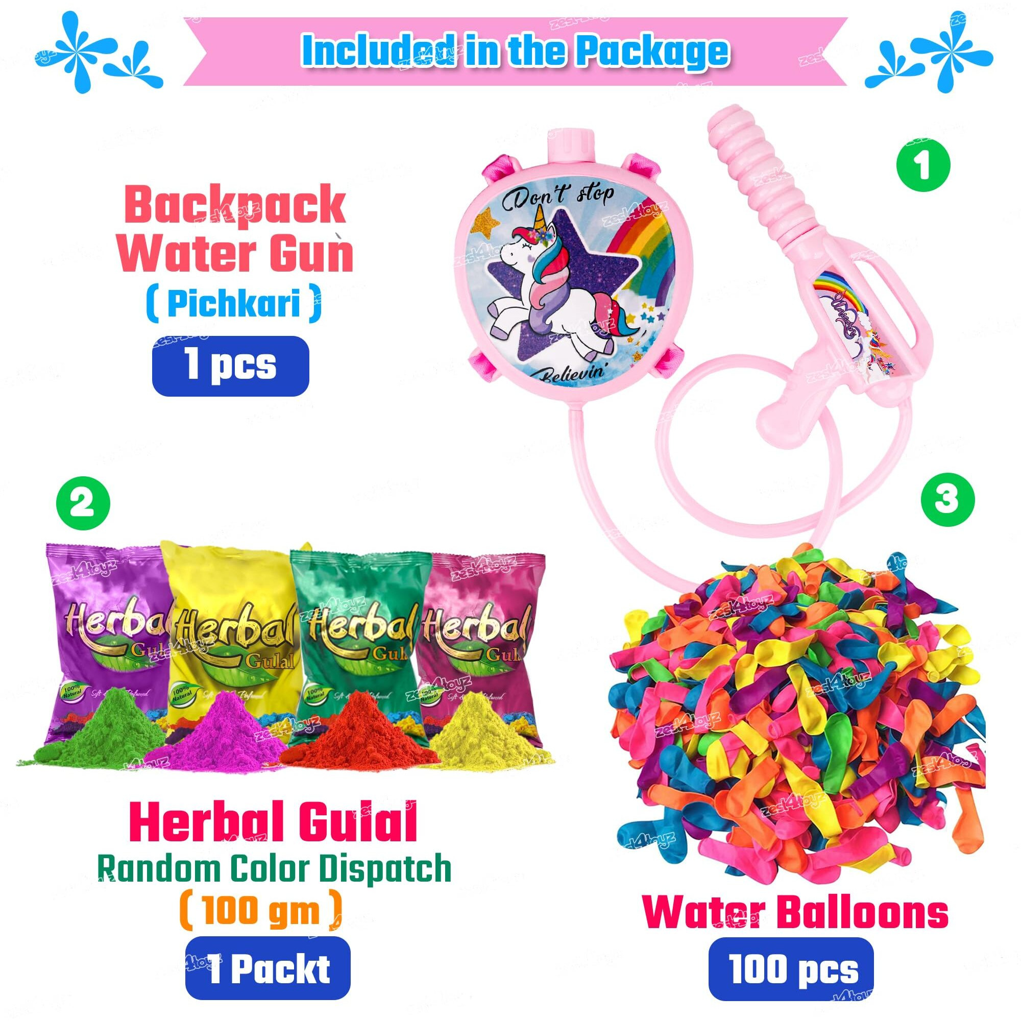 Zest 4 Toyz Holi Pichkari Water Gun for Kids High Pressure with Unicorn Back Holding Tank Get Holi Combo of 1 Pkt Holi Color & 100 Water Balloons for Boys and Girls (Wonder Tank) - Pink