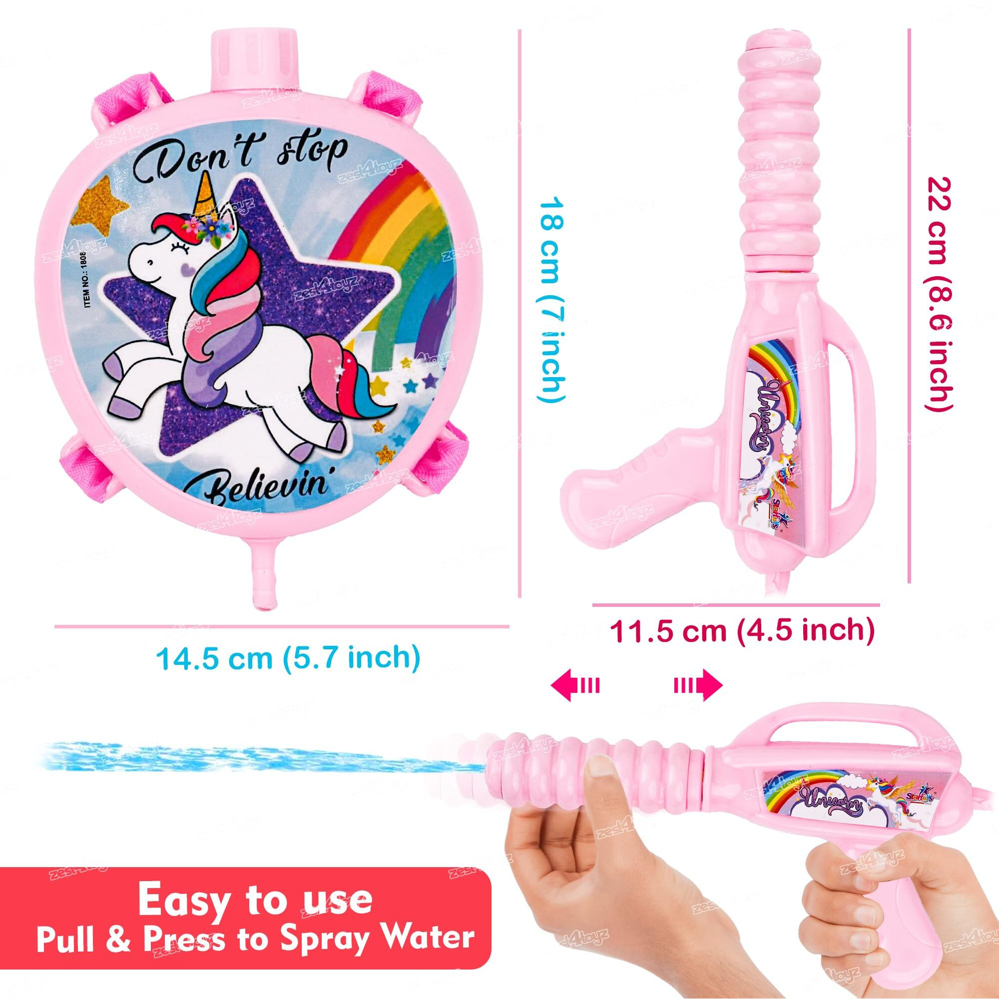 Zest 4 Toyz Holi Pichkari Water Gun for Kids High Pressure with Unicorn Back Holding Tank Get Holi Combo of 1 Pkt Holi Color & 100 Water Balloons for Boys and Girls (Wonder Tank) - Pink