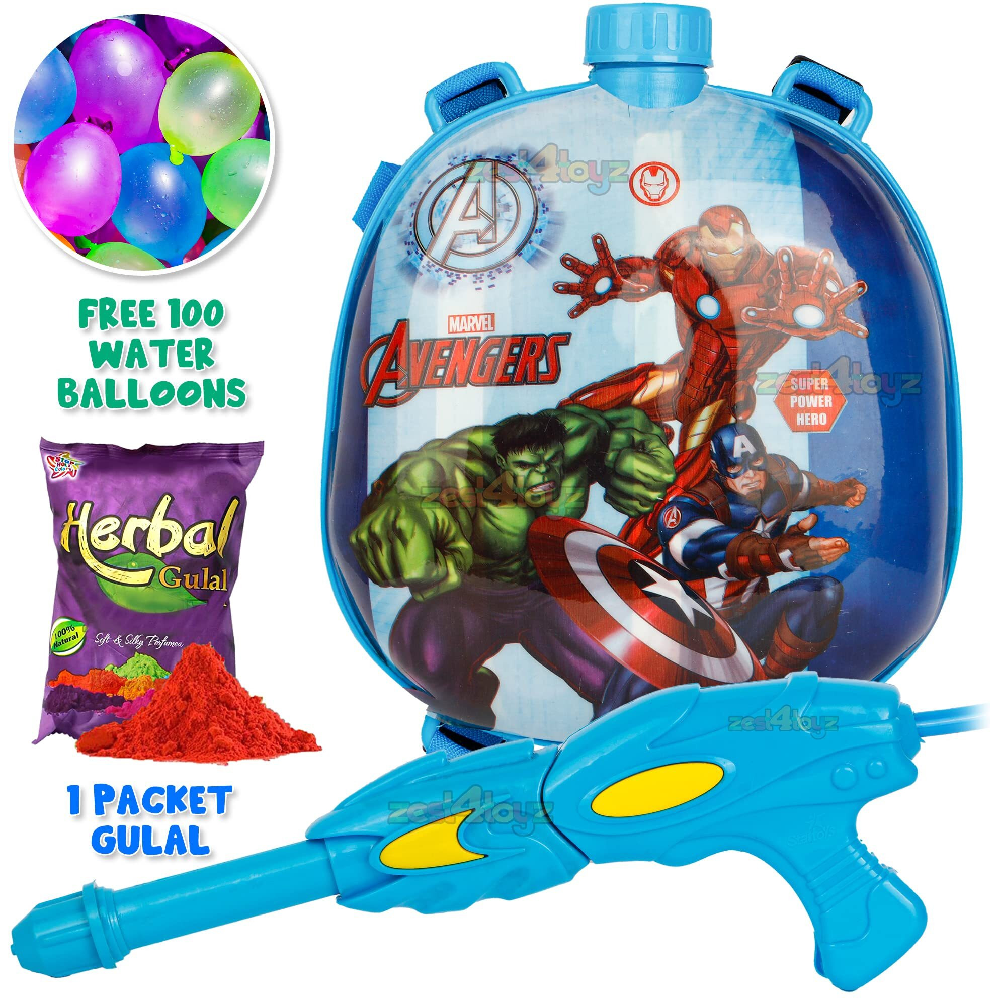 Zest 4 Toyz Holi Pichkari Water Gun for Kids Backpack Tank Water Spray with Holi Combo 1 Pkt Holi Color and 100 Balloons for Holi Pool Parties- Boys and Girls(Smart Tank)