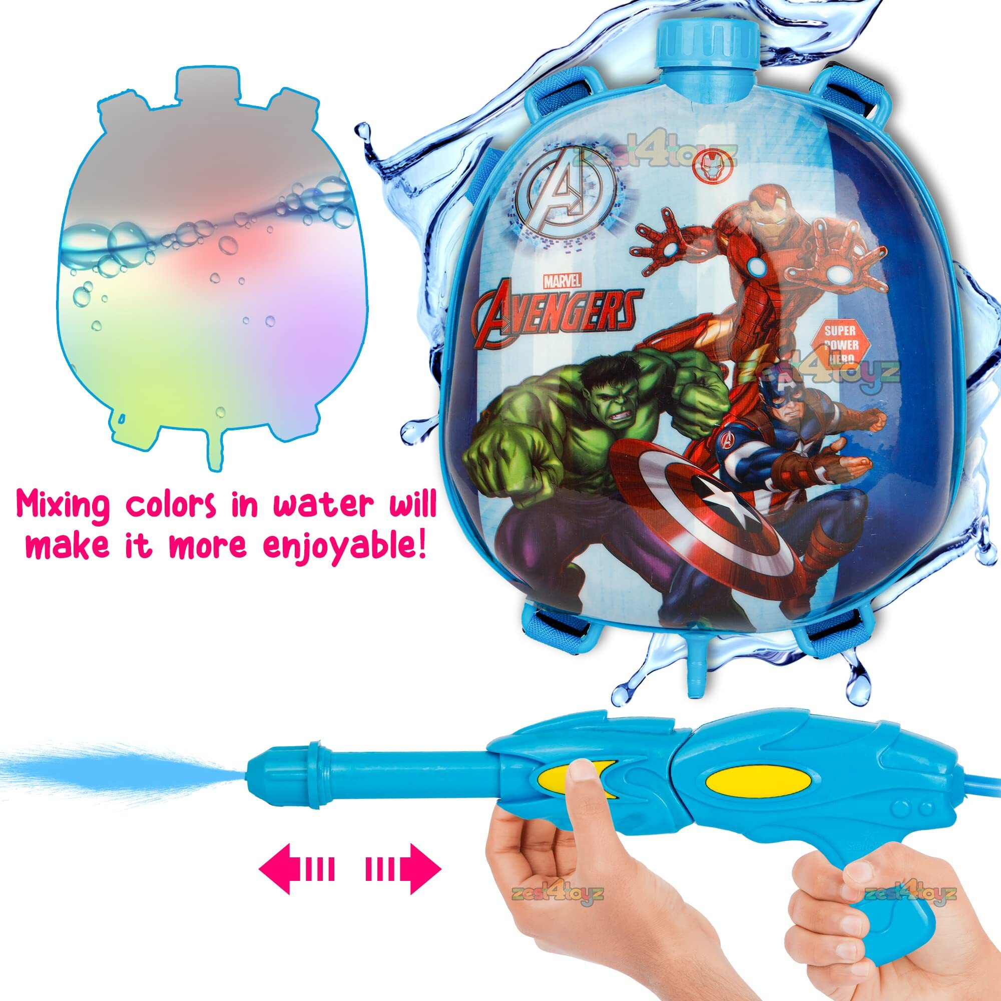 Zest 4 Toyz Holi Pichkari Water Gun for Kids Backpack Tank Water Spray with Holi Combo 1 Pkt Holi Color and 100 Balloons for Holi Pool Parties- Boys and Girls(Smart Tank)