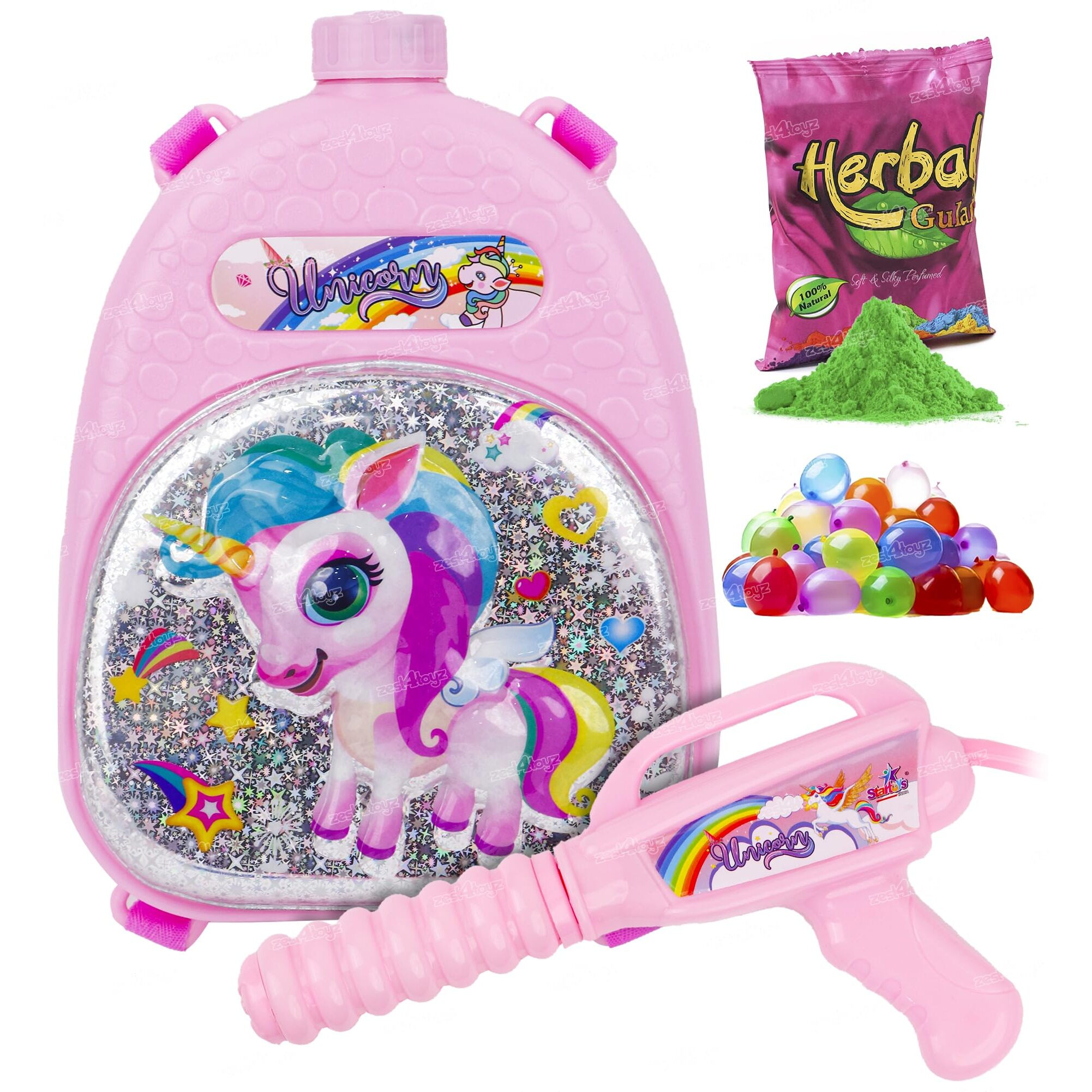 Zest 4 Toyz Holi Pichkari Water Gun for Kids Unicorn Backpack Tank Holi Water Gun with 1 Pkt Holi Color and 100 Balloons for Holi Celebration - Boys and Girls (Platinum Tank)