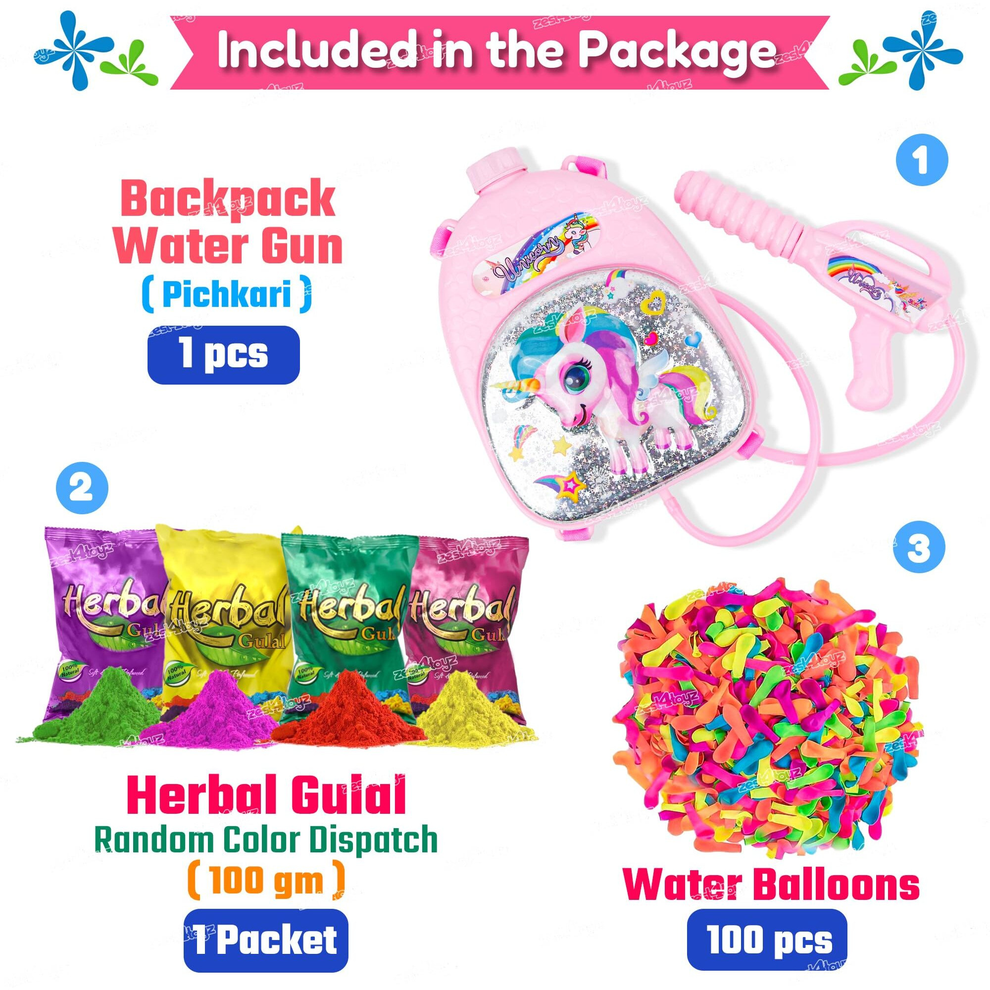 Zest 4 Toyz Holi Pichkari Water Gun for Kids Unicorn Backpack Tank Holi Water Gun with 1 Pkt Holi Color and 100 Balloons for Holi Celebration - Boys and Girls (Platinum Tank)