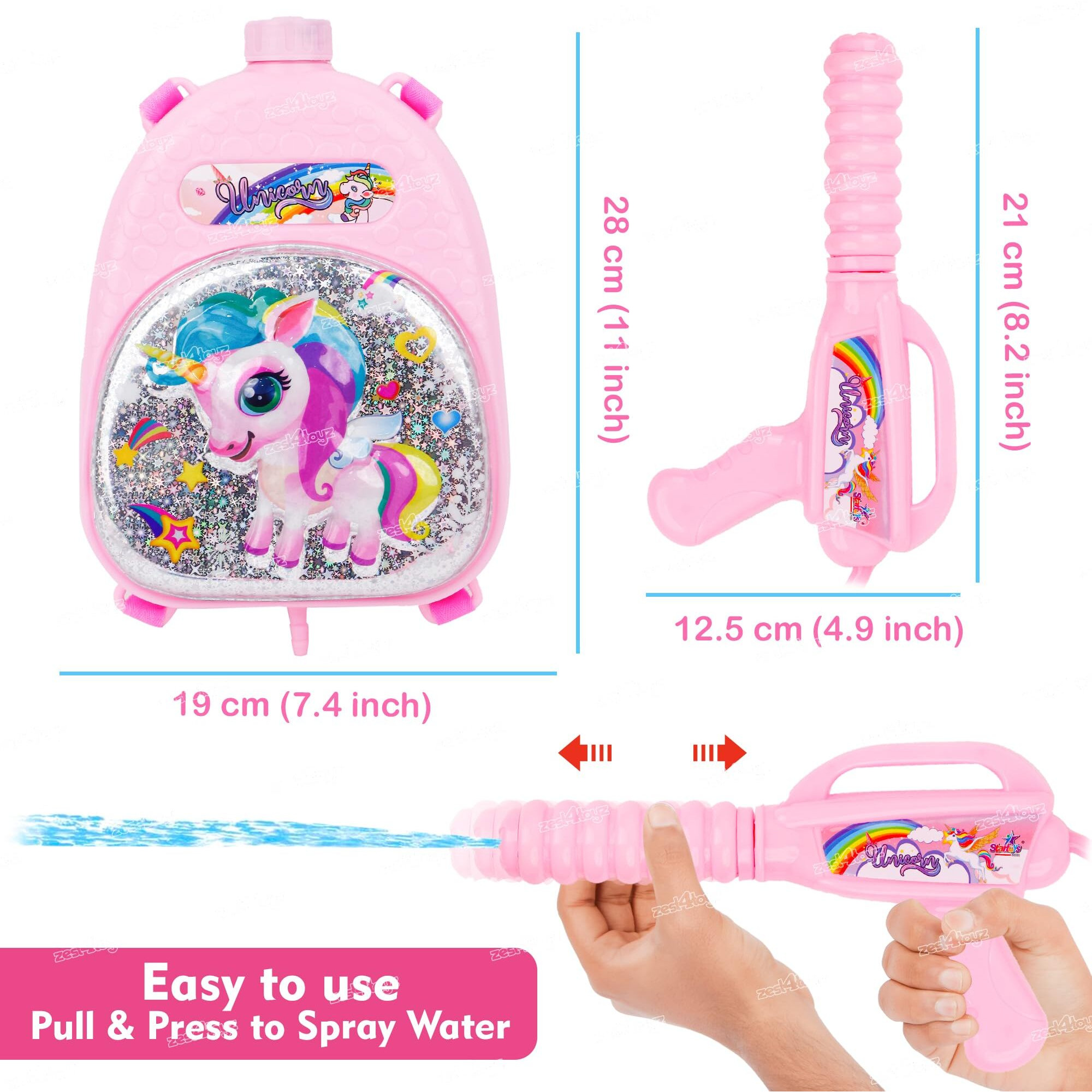Zest 4 Toyz Holi Pichkari Water Gun for Kids Unicorn Backpack Tank Holi Water Gun with 1 Pkt Holi Color and 100 Balloons for Holi Celebration - Boys and Girls (Platinum Tank)