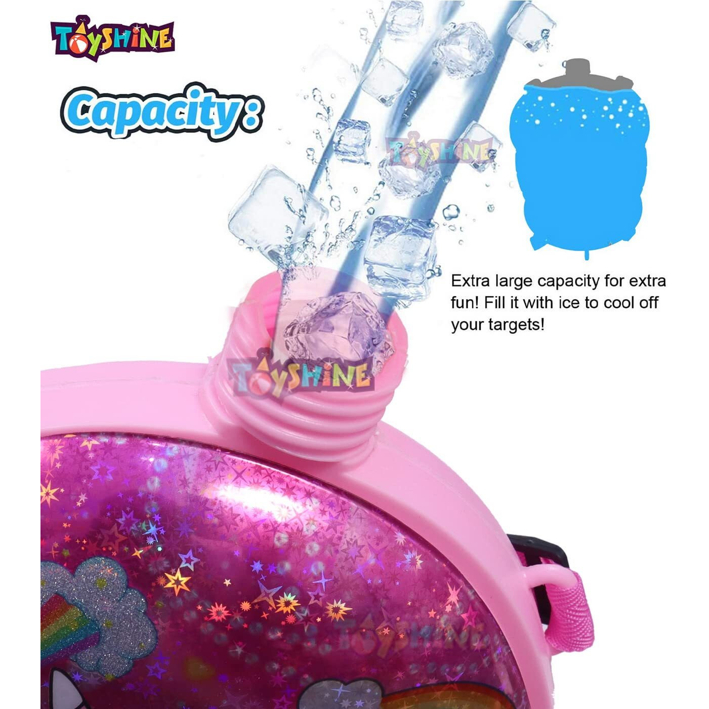 Toyshine Holi Water Toy Gun with Pressure Mechanism for Long Throw, Back Holding Tank, Back Holding Tank, 3.5 L, Oval Pink Unicorn