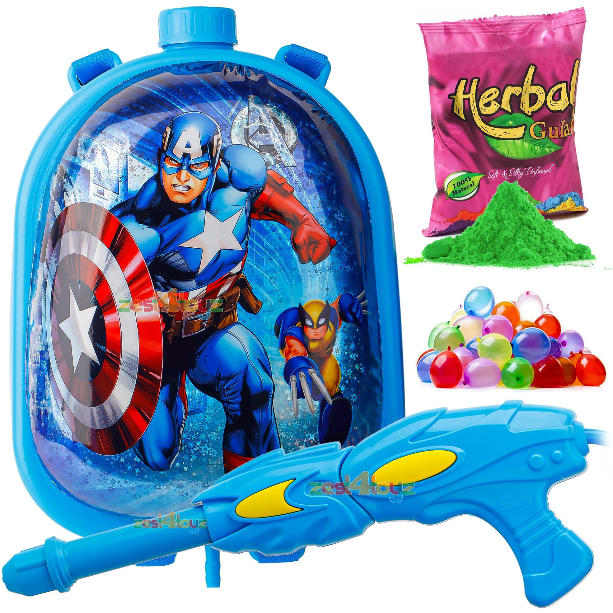 Zest 4 Toyz Holi Pichkari Water Gun for Kids Backpack Tank Holi Water Gun with 1 Pk Holi Color and 100 Balloons for Holi Celebration Water Spray Gun - Boys and Girls (Dazzle Tank) Assorted