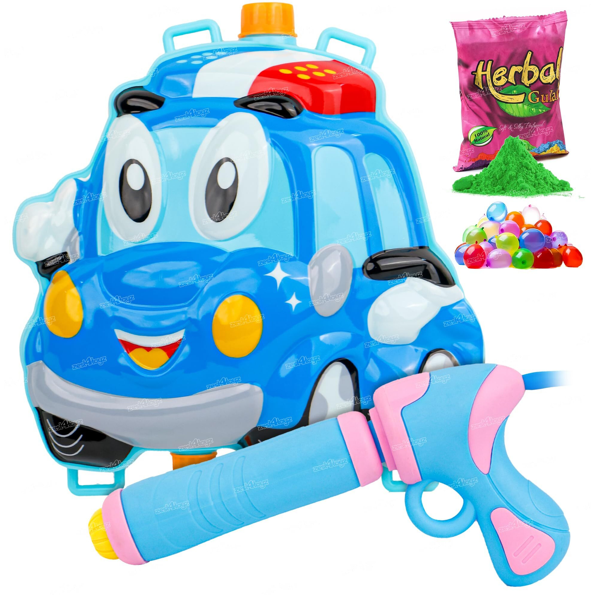 Zest 4 Toyz Holi Pichkari Watergun for Kids High Pressure Police Car Themed Back Holding Water Tank with 1 Pkt Herbal Color & 100 Balloon Holi Combo