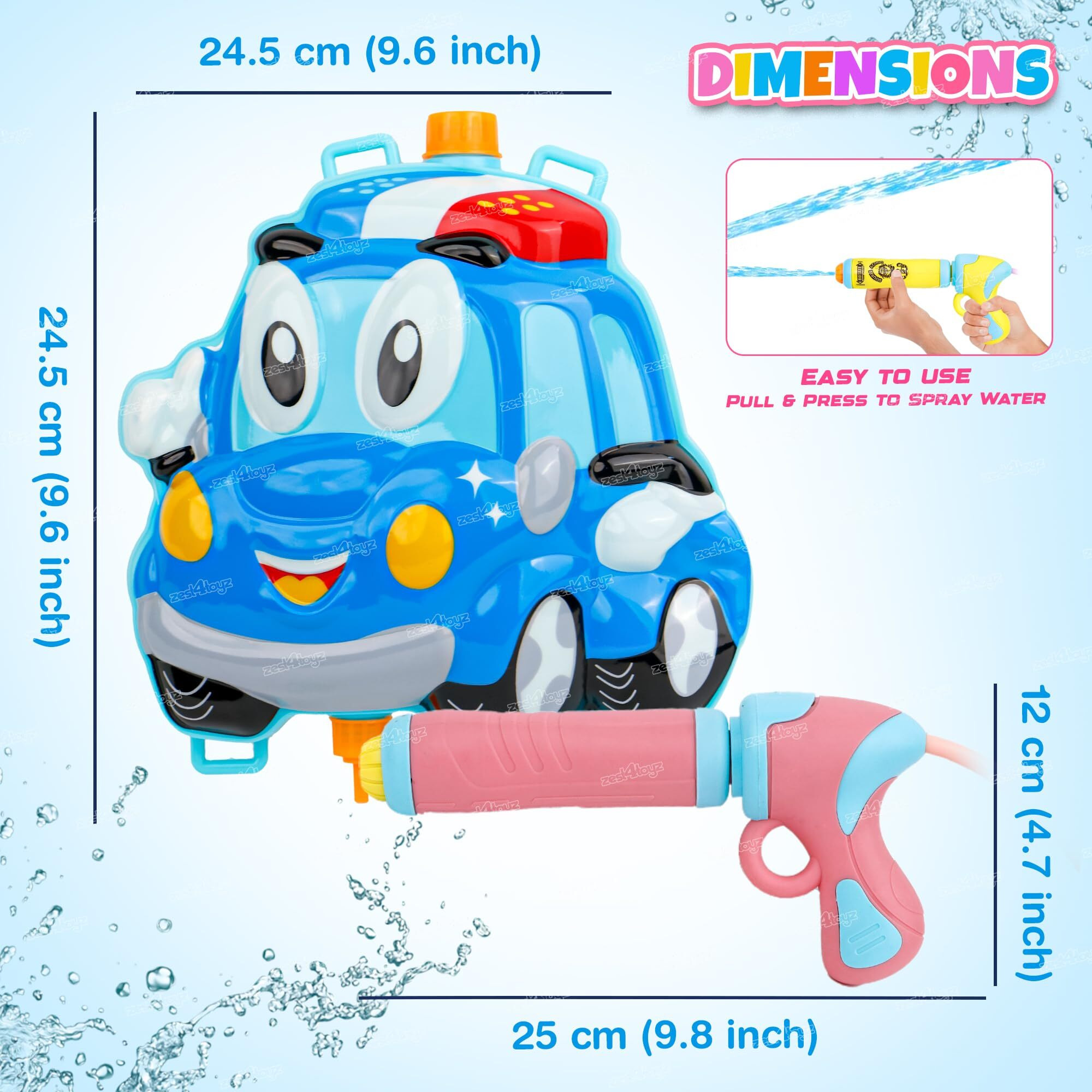 Zest 4 Toyz Holi Pichkari Watergun for Kids High Pressure Police Car Themed Back Holding Water Tank with 1 Pkt Herbal Color & 100 Balloon Holi Combo