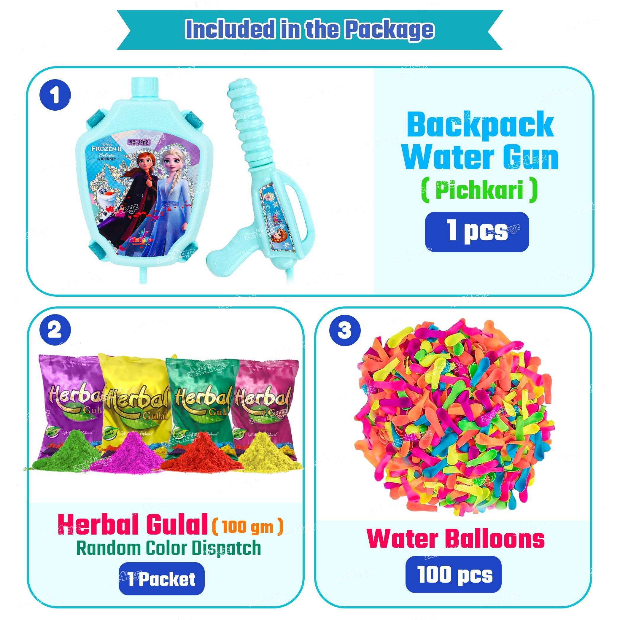 Zest 4 Toyz Holi Pichkari Water Gun for Kids Frozen Backpack Tank Holi Water Gun with 1 Pkt Holi Color and 100 Balloons for Holi Celebration - Boys and Girls (Micro Tank)