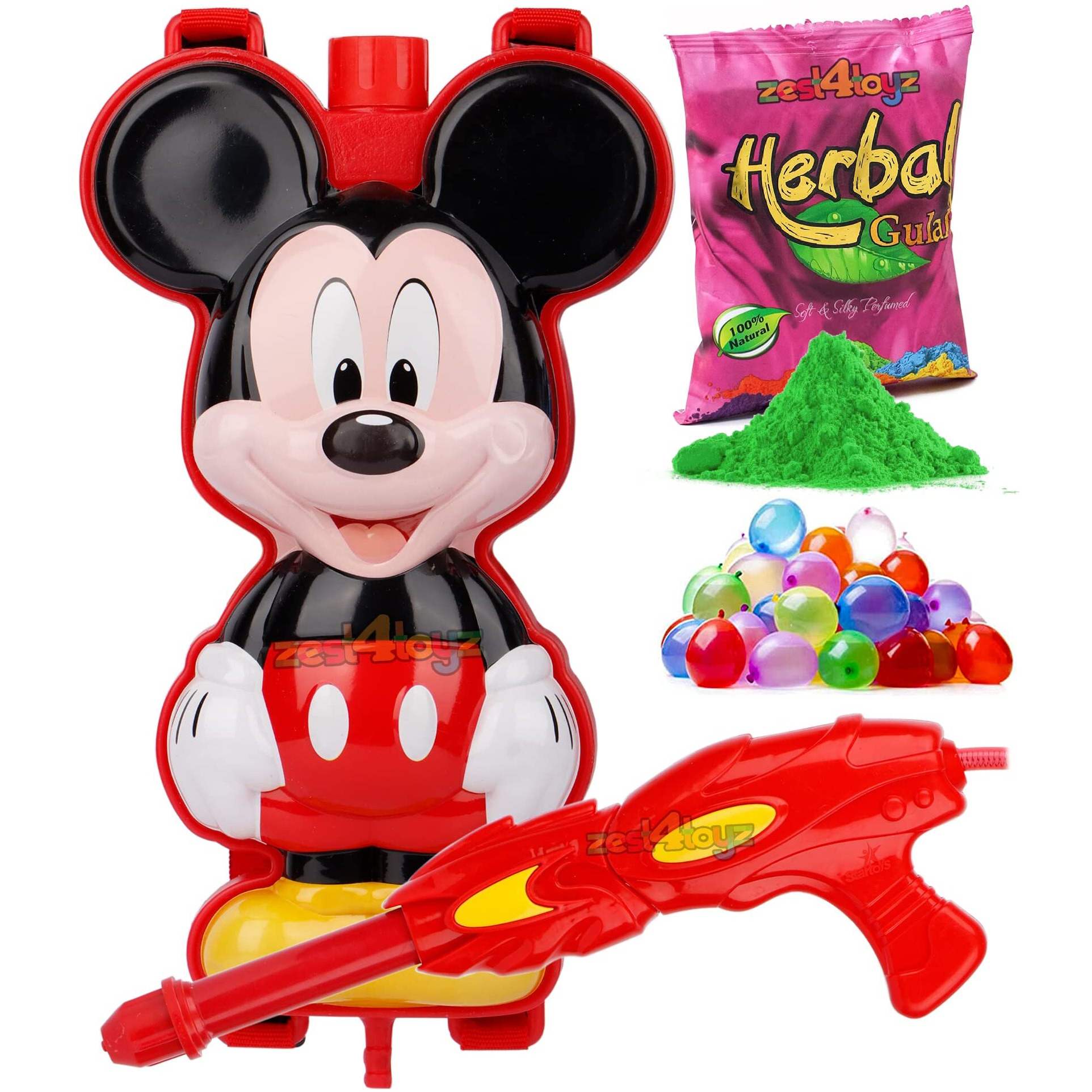 Zest 4 Toyz Holi Pichkari Water Gun for Kids Backpack Tank Spray Holi Combo with 1 Pkt Holi Color and 100 Balloons for Pool Parties Summer Festival Fun (Face Tank)