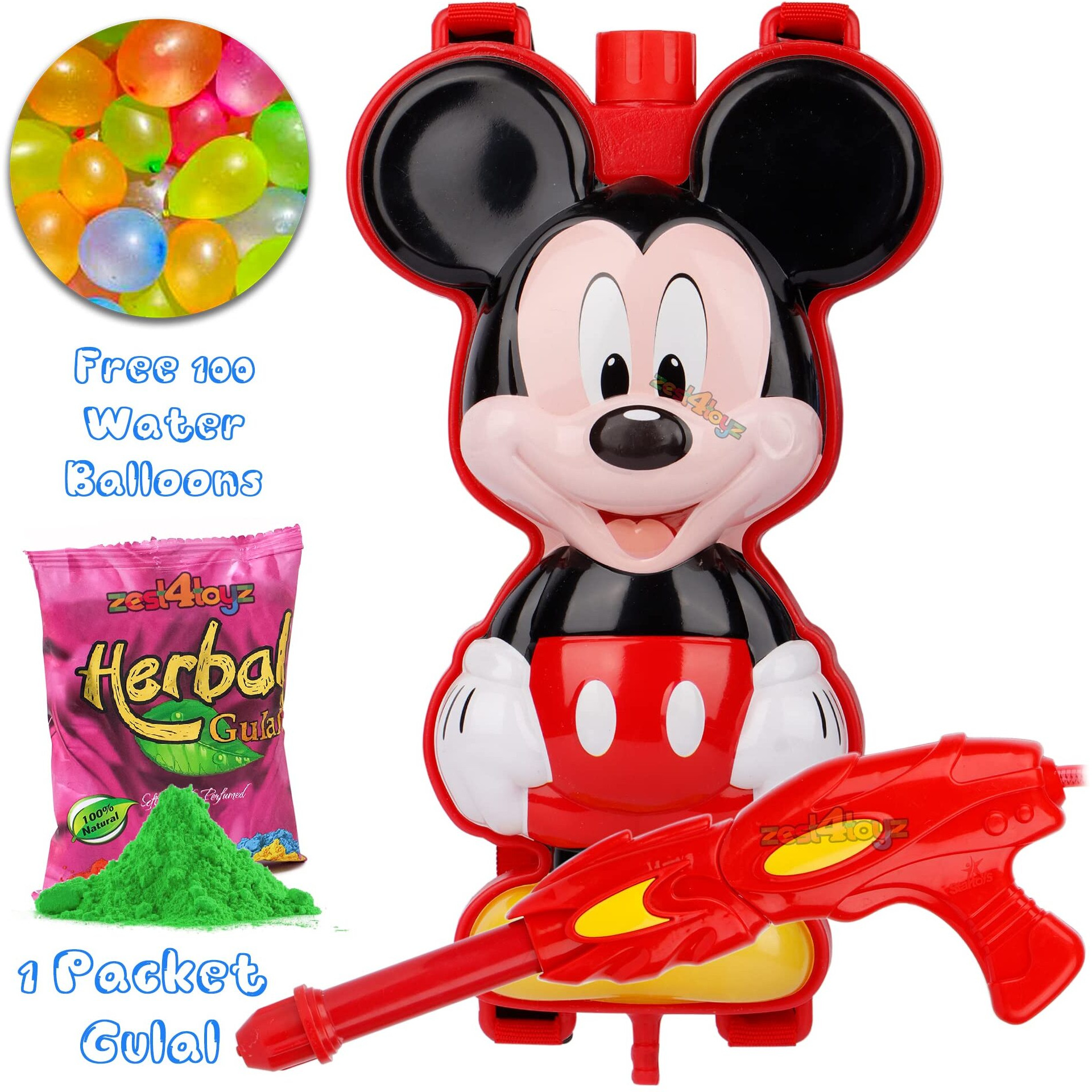 Zest 4 Toyz Holi Pichkari Water Gun for Kids Backpack Tank Spray Holi Combo with 1 Pkt Holi Color and 100 Balloons for Pool Parties Summer Festival Fun (Face Tank)