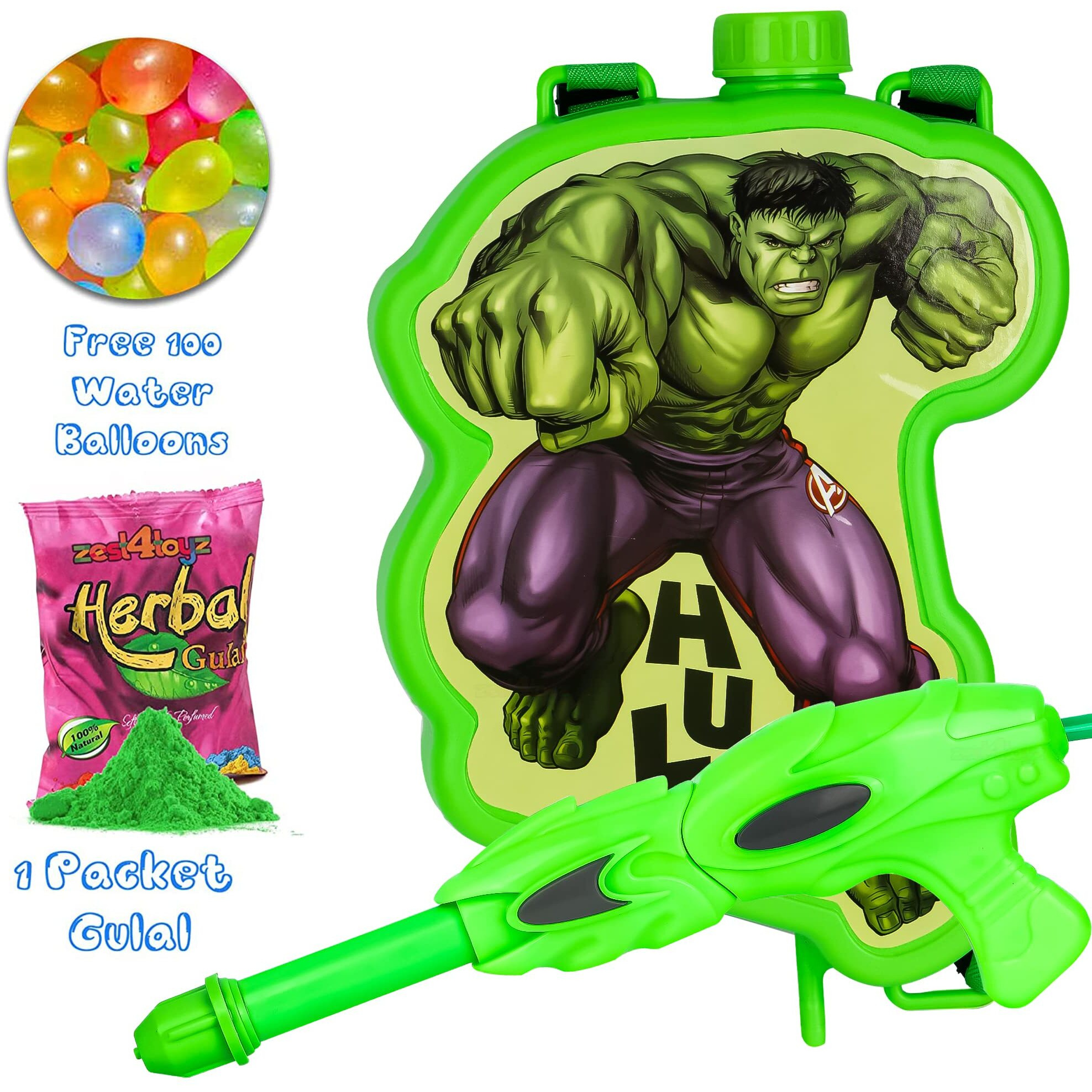Zest 4 Toyz Holi Pichkari Water Gun for Kids Back Holding Water Tank Holi Water Gun with 1 Pkt Holi Color and 100 Balloons for Holi Celebration (Premium Tank)