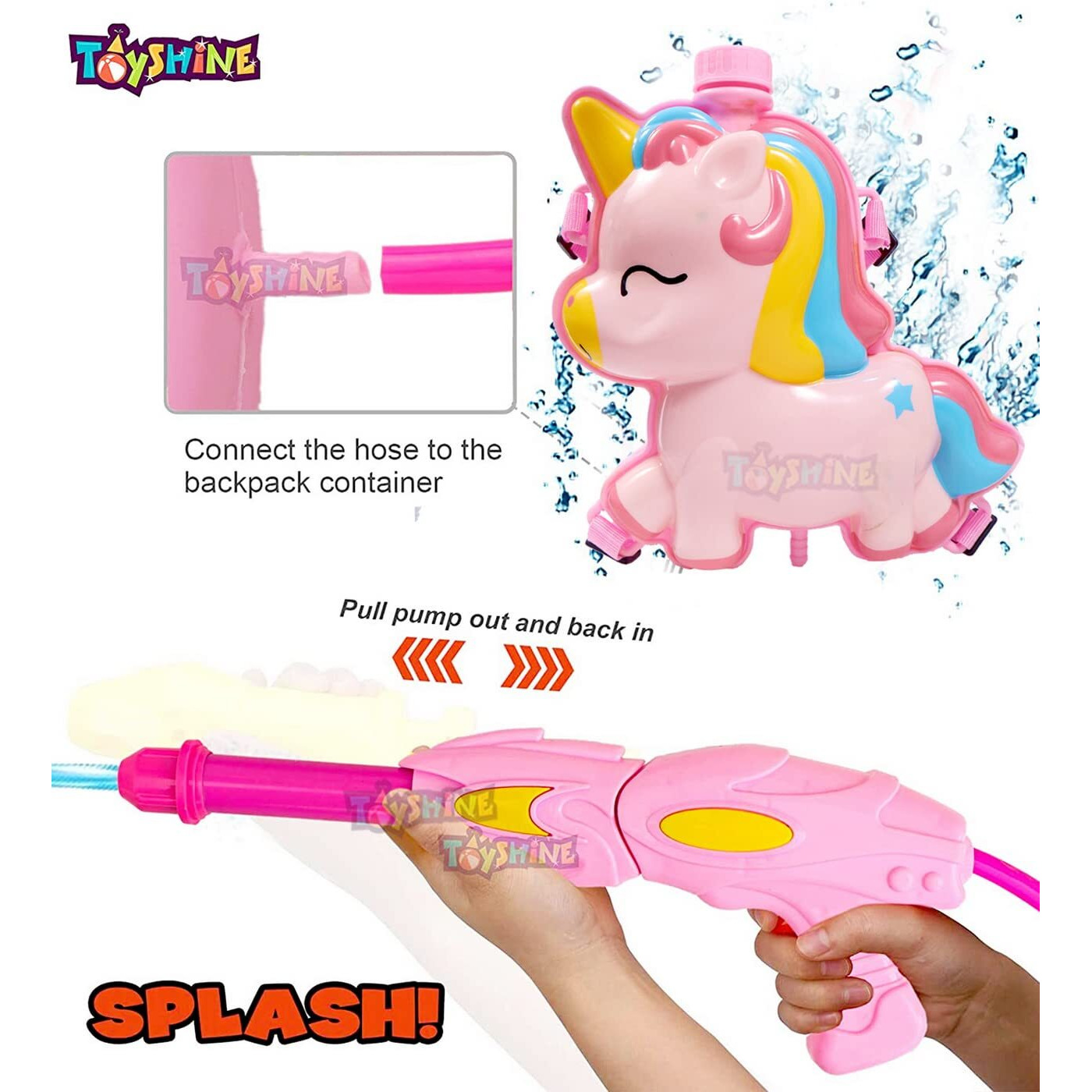 Toyshine Holi Water Toy Gun with Pressure Mechanism for Long Throw, Back Holding Tank, Back Holding Tank, 1.5 L, Unicorn Body, Pink