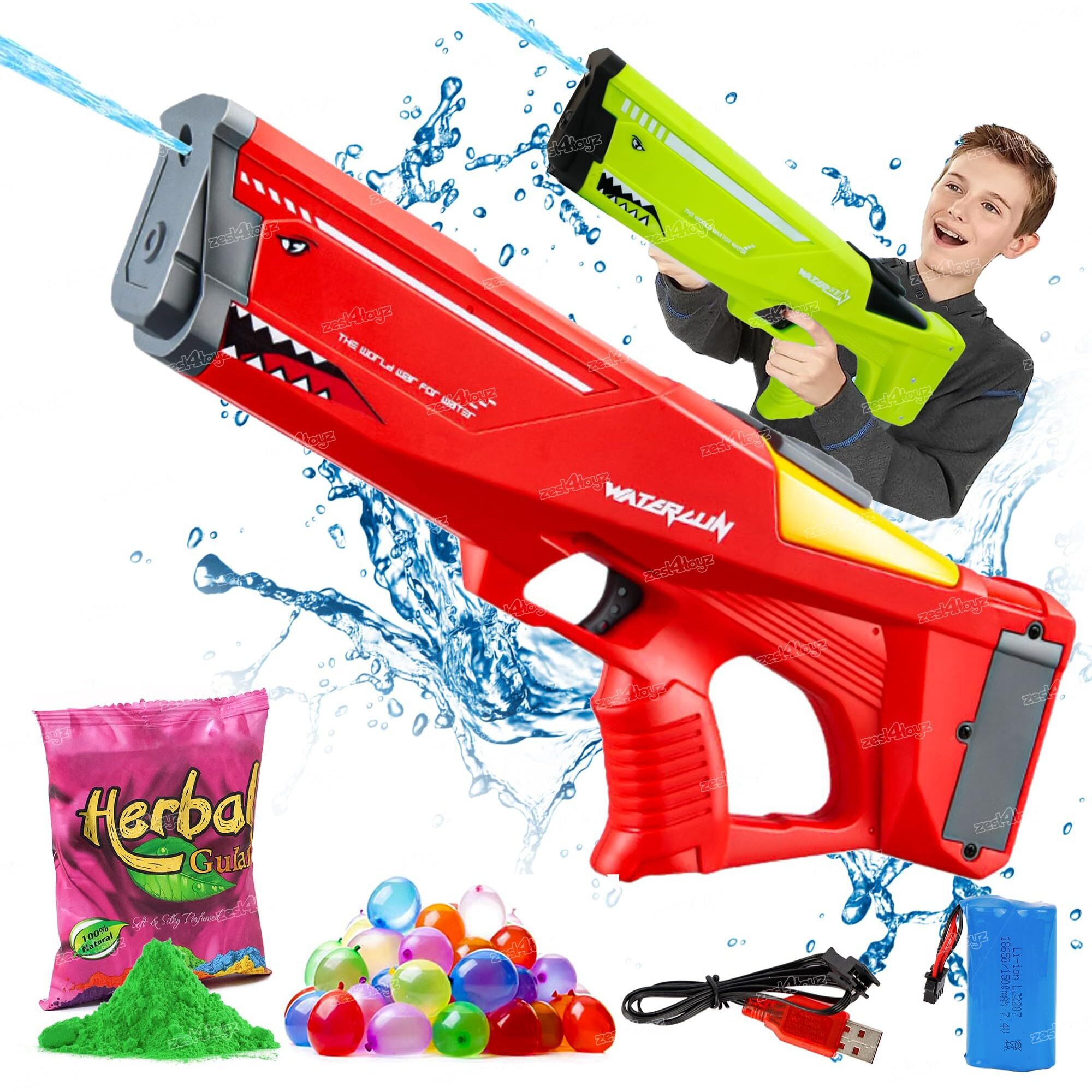 Zest 4 Toyz Holi Pichkari Water Gun for Kids Automtic Squirt Water Gun with 1 Pkt Herbal Gulal and 100 Water Balloons for Holi Celebration