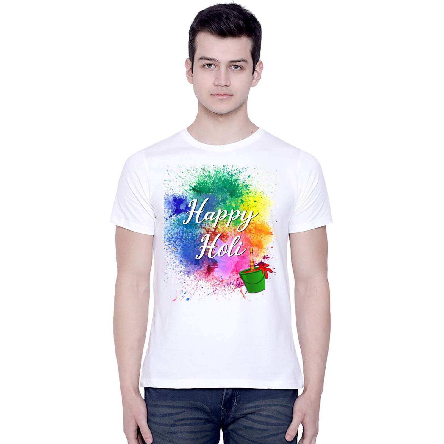 CreativiT Graphic Printed T-Shirt for Unisex Happy Holi Tshirt | Casual Half Sleeve Round Neck T-Shirt | 100% Cotton | D00282-1_White_Medium