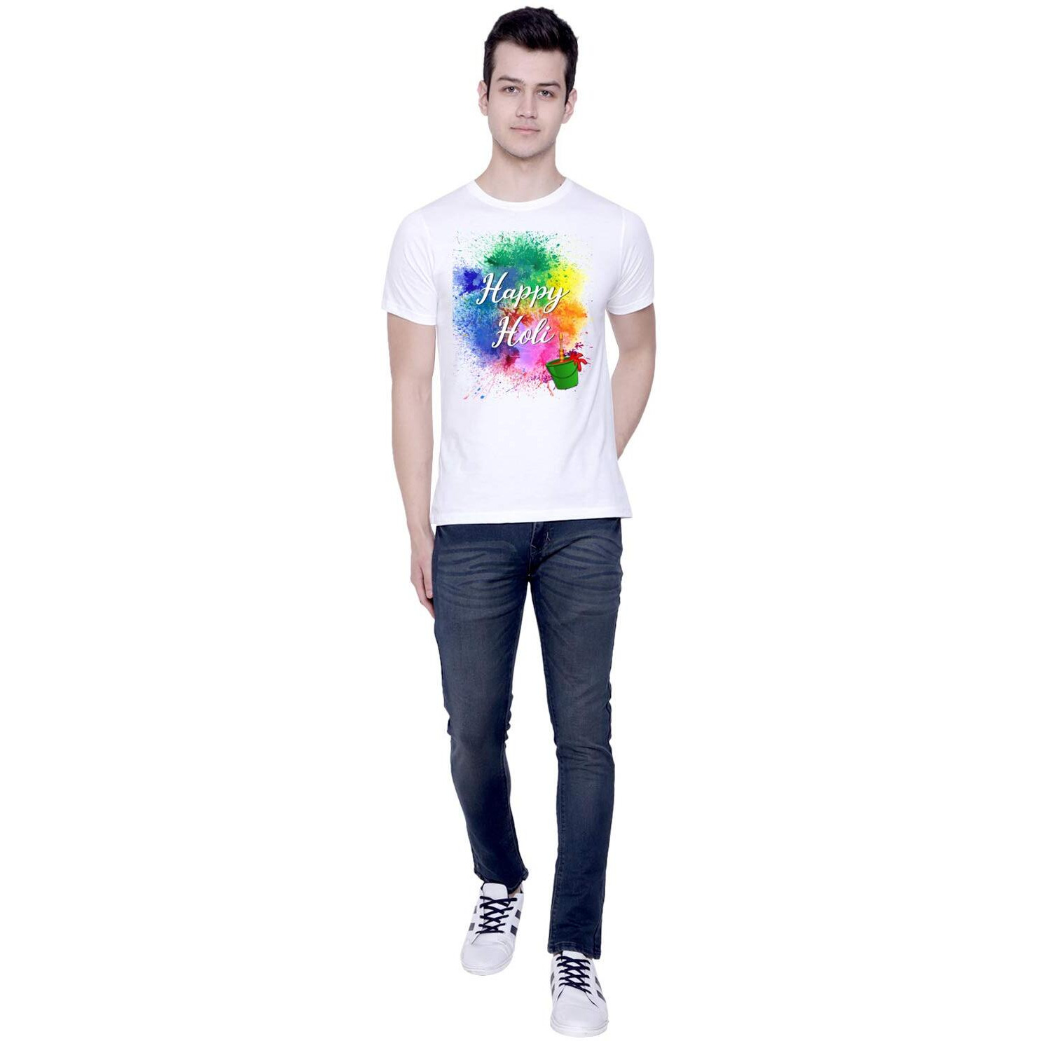 CreativiT Graphic Printed T-Shirt for Unisex Happy Holi Tshirt | Casual Half Sleeve Round Neck T-Shirt | 100% Cotton | D00282-1_White_Medium