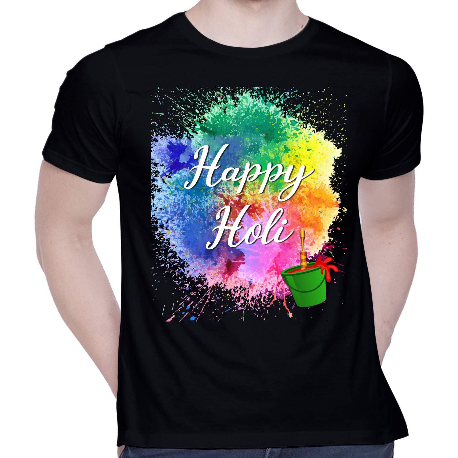 CreativiT Graphic Printed T-Shirt for Unisex Happy Holi Tshirt | Casual Half Sleeve Round Neck T-Shirt | 100% Cotton | D00282-1_Black_Large