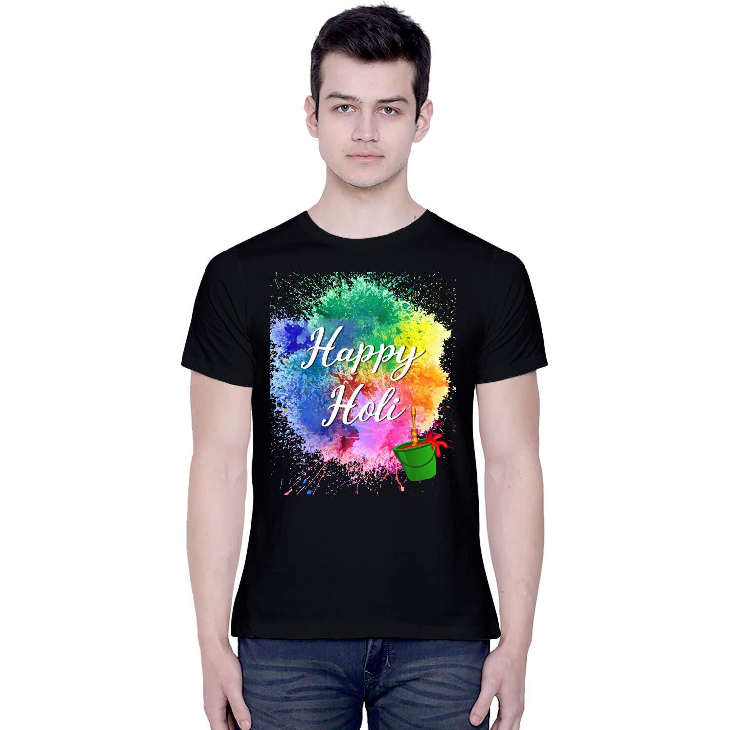 CreativiT Graphic Printed T-Shirt for Unisex Happy Holi Tshirt | Casual Half Sleeve Round Neck T-Shirt | 100% Cotton | D00282-1_Black_Large