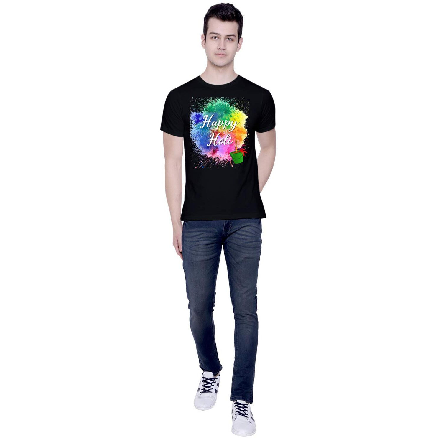 CreativiT Graphic Printed T-Shirt for Unisex Happy Holi Tshirt | Casual Half Sleeve Round Neck T-Shirt | 100% Cotton | D00282-1_Black_Large