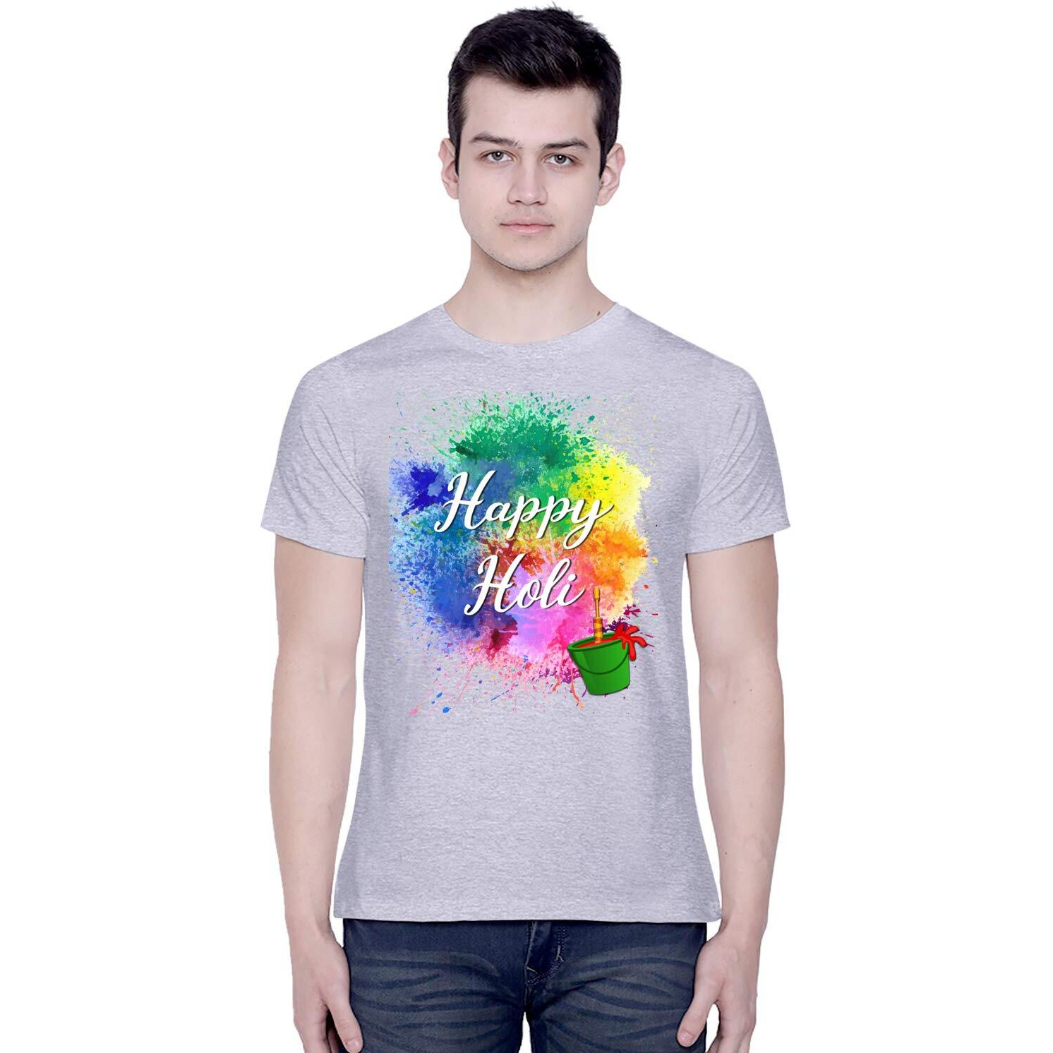 CreativiT Graphic Printed T-Shirt for Unisex Happy Holi Tshirt | Casual Half Sleeve Round Neck T-Shirt | 100% Cotton | D00282-1_Grey_Large