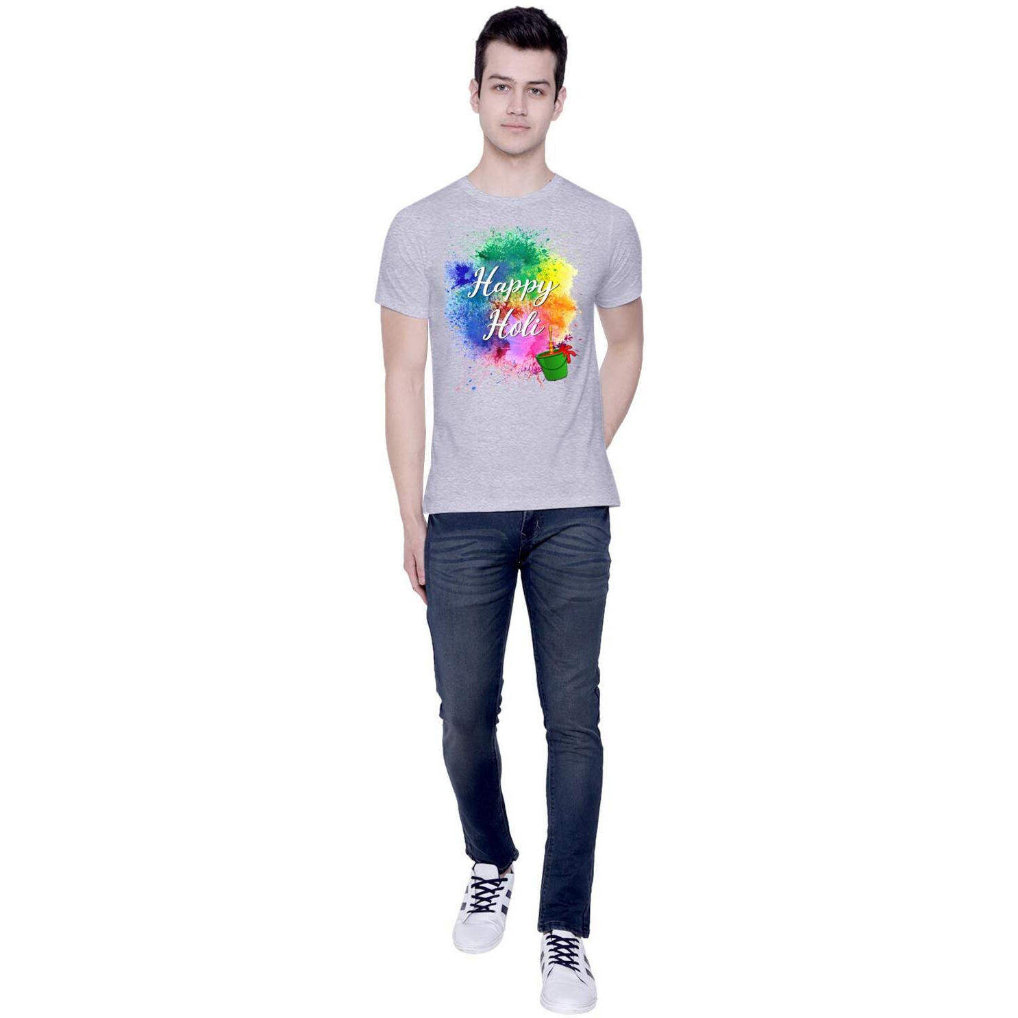 CreativiT Graphic Printed T-Shirt for Unisex Happy Holi Tshirt | Casual Half Sleeve Round Neck T-Shirt | 100% Cotton | D00282-1_Grey_Large