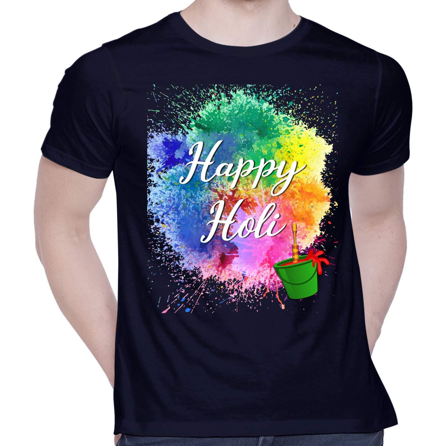 CreativiT Graphic Printed T-Shirt for Unisex Happy Holi Tshirt | Casual Half Sleeve Round Neck T-Shirt | 100% Cotton | D00282-1_Navy Blue_XXX-Large