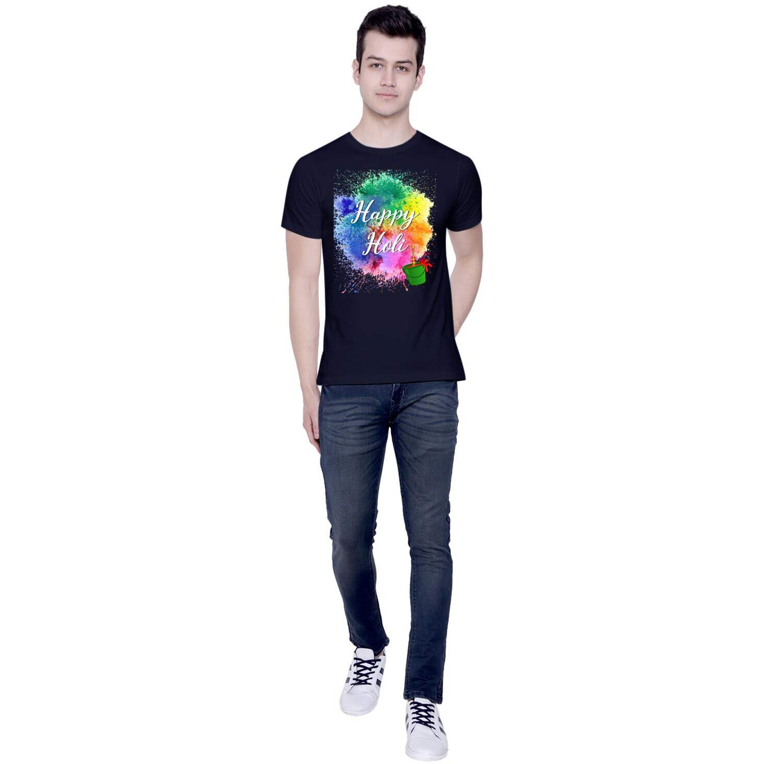 CreativiT Graphic Printed T-Shirt for Unisex Happy Holi Tshirt | Casual Half Sleeve Round Neck T-Shirt | 100% Cotton | D00282-1_Navy Blue_XXX-Large