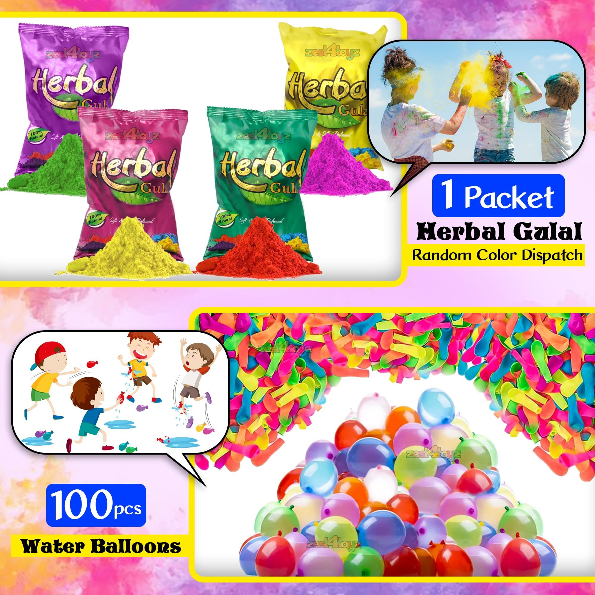 Zest 4 Toyz Holi Pichkari Water Gun for Kids Back Holding Tank Holi Combo with 1 Pkt Holi Color and 100 Balloons for Holi Pool Parties (Heart Tank)
