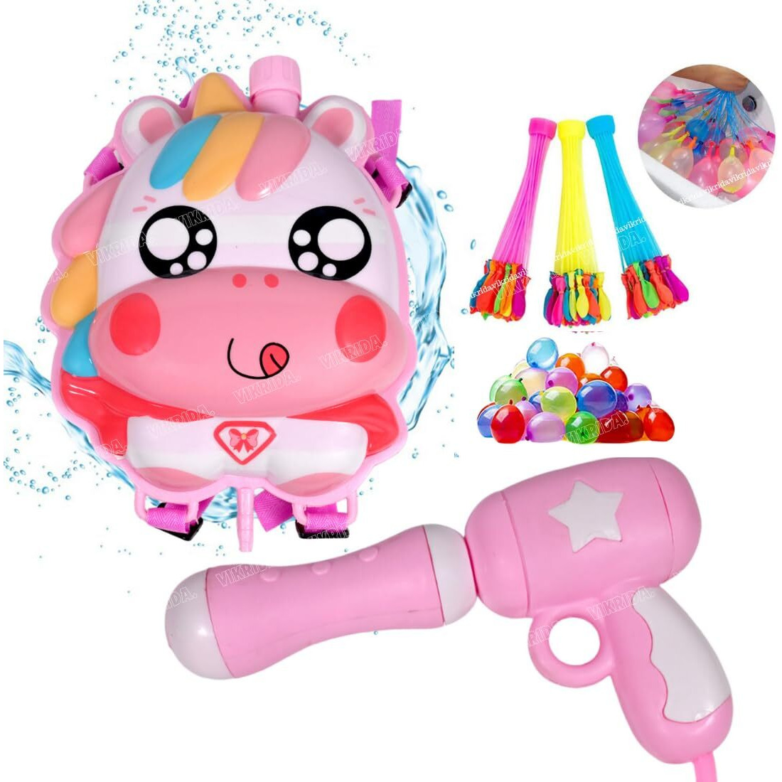 VikriDA 3D High Pressure Holi Pichkari Water Gun Toy with Back Holding Tank (2Litre) and 111 Pieces Magic Water Balloons Holi Combo for Kids - Unicorn Pink