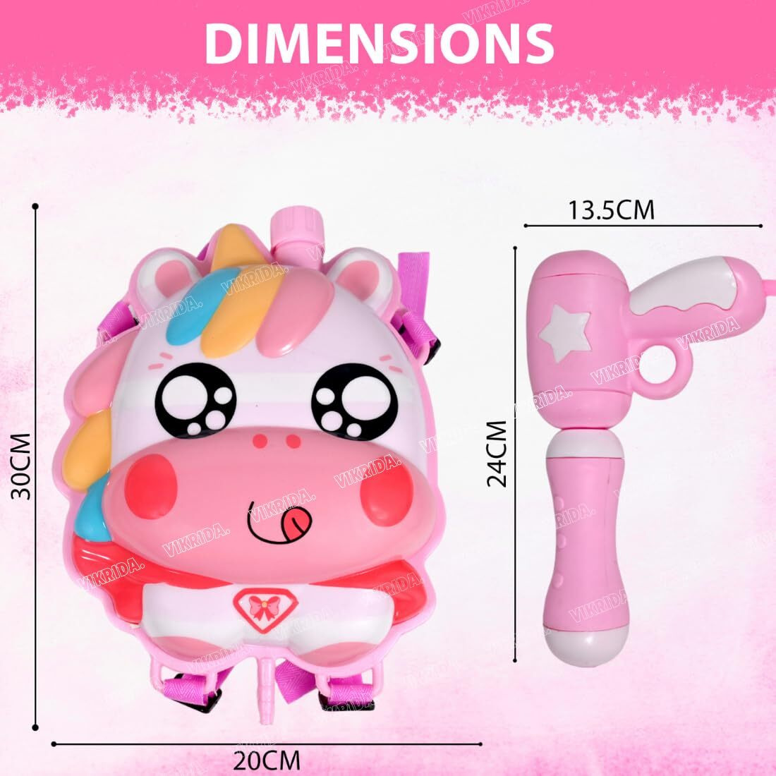 VikriDA 3D High Pressure Holi Pichkari Water Gun Toy with Back Holding Tank (2Litre) and 111 Pieces Magic Water Balloons Holi Combo for Kids - Unicorn Pink