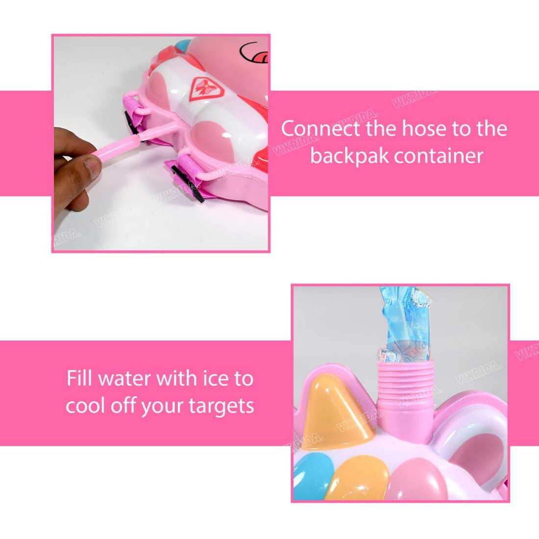 VikriDA 3D High Pressure Holi Pichkari Water Gun Toy with Back Holding Tank (2Litre) and 111 Pieces Magic Water Balloons Holi Combo for Kids - Unicorn Pink
