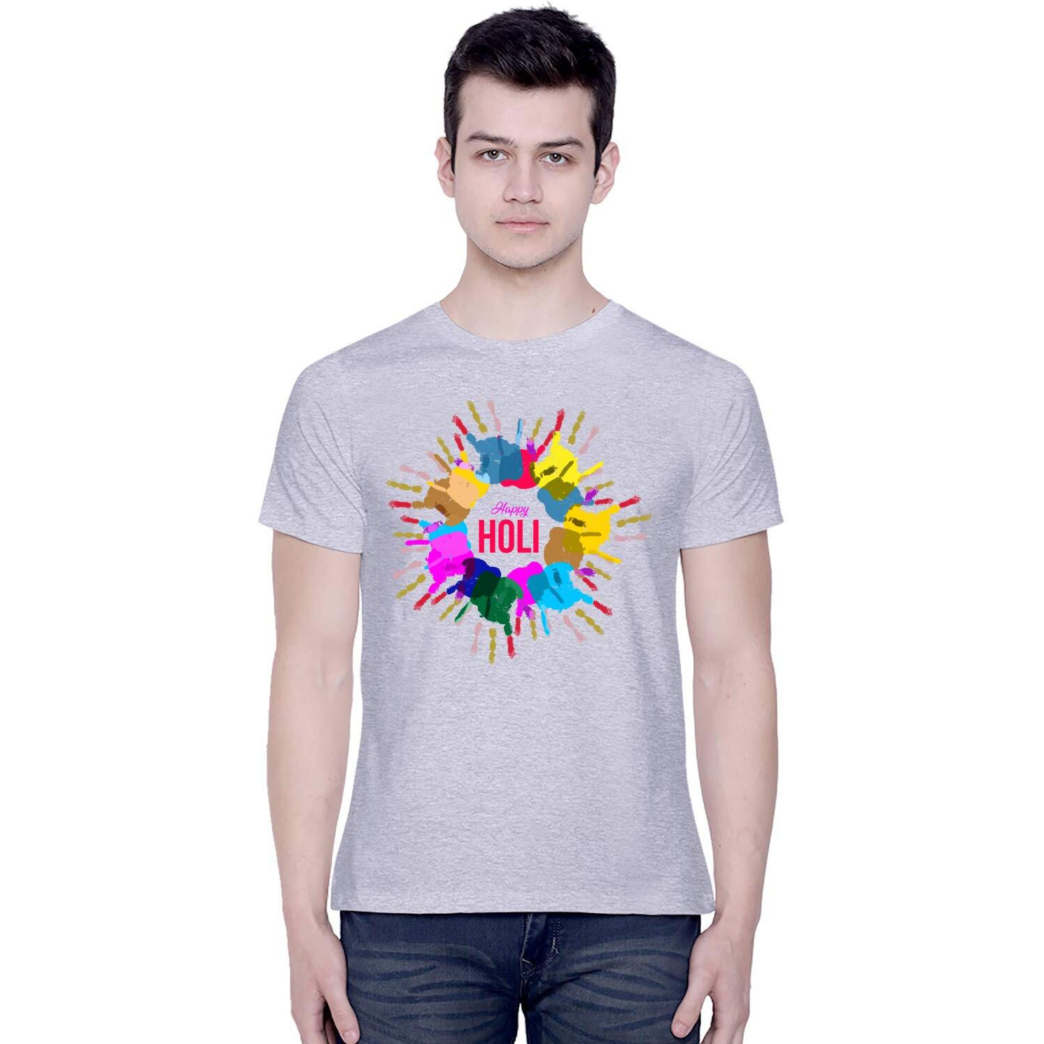 CreativiT Graphic Printed T-Shirt for Unisex Holi Tshirt | Casual Half Sleeve Round Neck T-Shirt | 100% Cotton | D00306-1_Grey_XX-Large