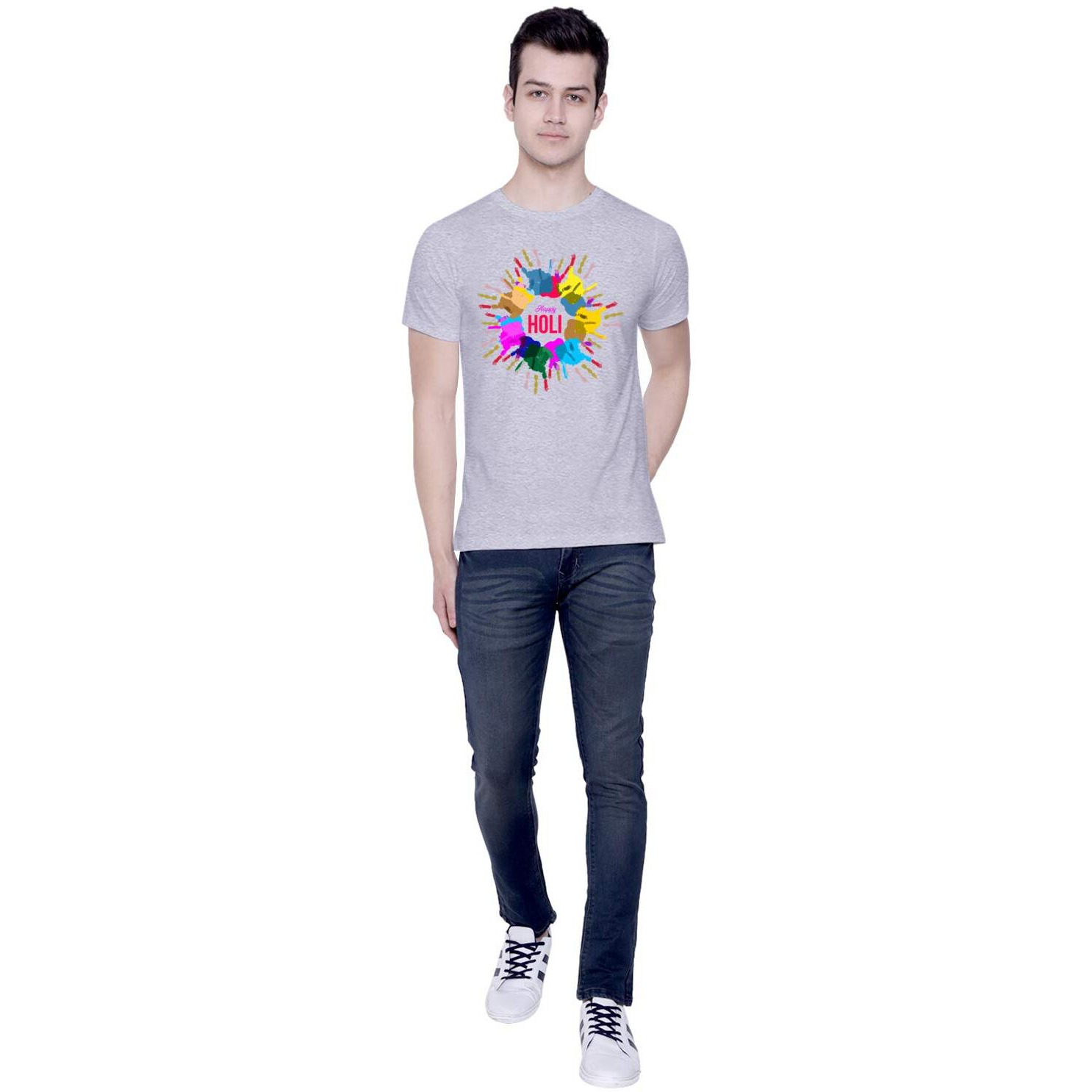CreativiT Graphic Printed T-Shirt for Unisex Holi Tshirt | Casual Half Sleeve Round Neck T-Shirt | 100% Cotton | D00306-1_Grey_XX-Large
