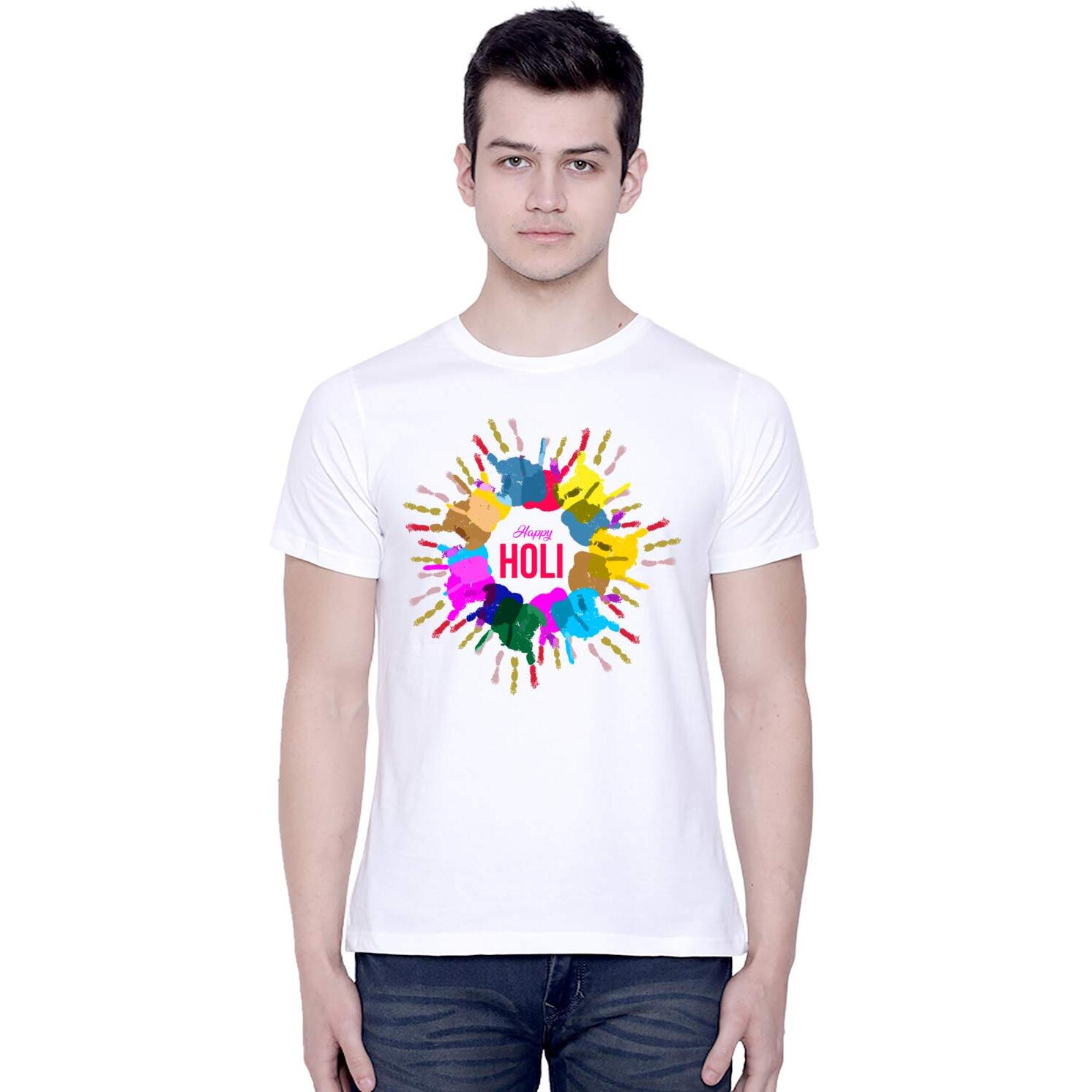 CreativiT Graphic Printed T-Shirt for Unisex Holi Tshirt | Casual Half Sleeve Round Neck T-Shirt | 100% Cotton | D00306-1_White_X-Large