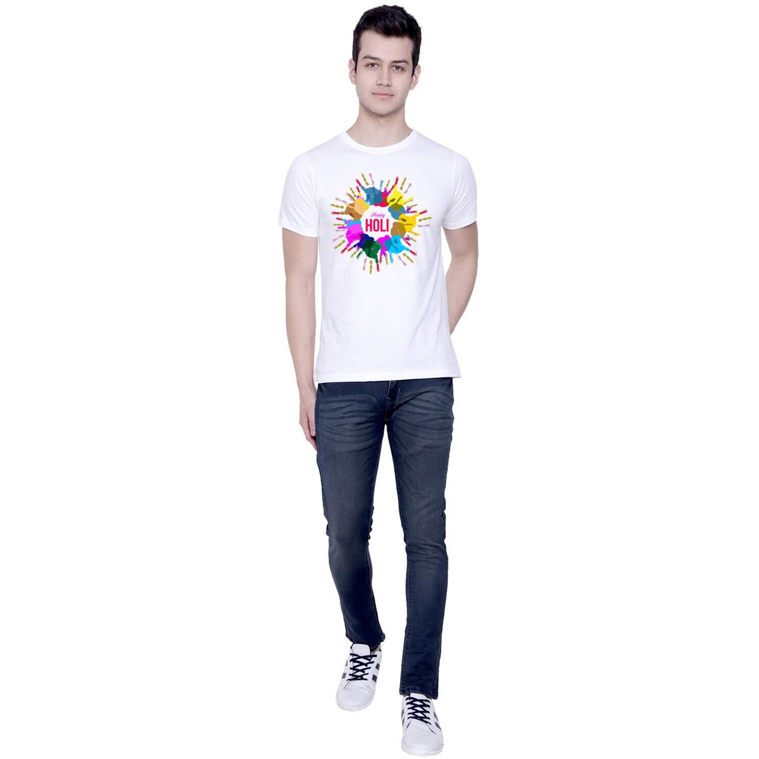 CreativiT Graphic Printed T-Shirt for Unisex Holi Tshirt | Casual Half Sleeve Round Neck T-Shirt | 100% Cotton | D00306-1_White_X-Large