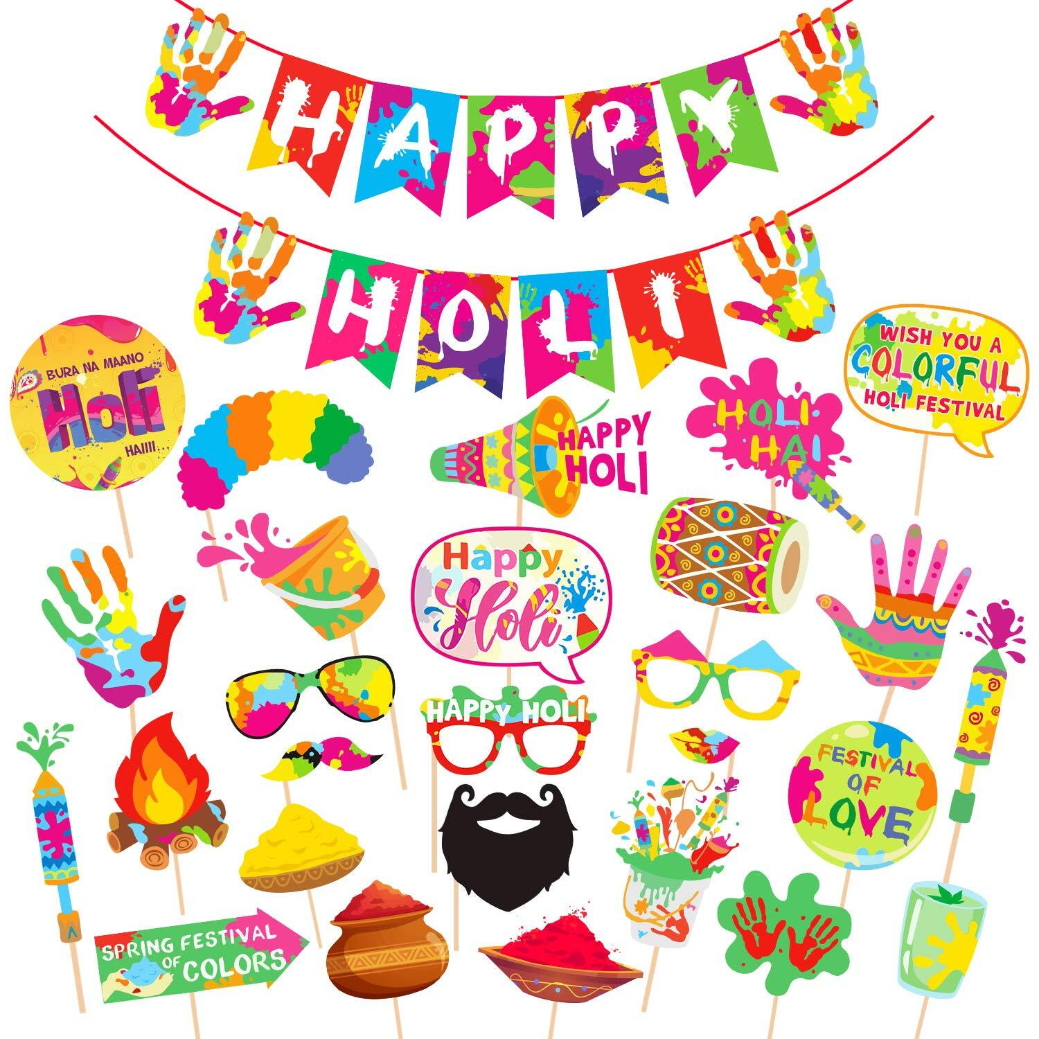 Zyozique Happy Holi Decoration Combo Photo Booth Props+1 Set Happy Holi Paper Banner,Holi Decoration Items for Party Holi Decorations,Colourful Paper Banner for Holi (Pack of 28)