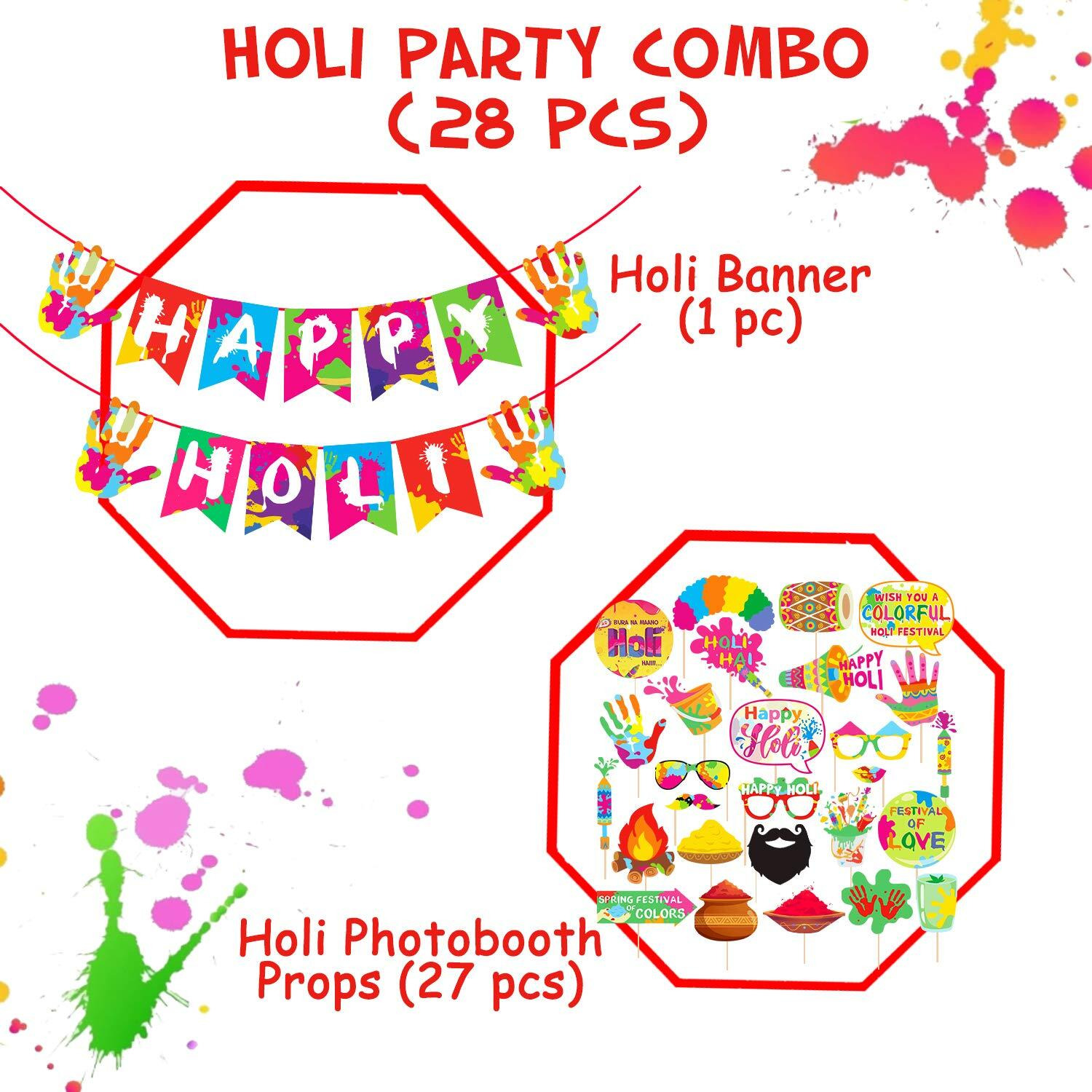 Zyozique Happy Holi Decoration Combo Photo Booth Props+1 Set Happy Holi Paper Banner,Holi Decoration Items for Party Holi Decorations,Colourful Paper Banner for Holi (Pack of 28)