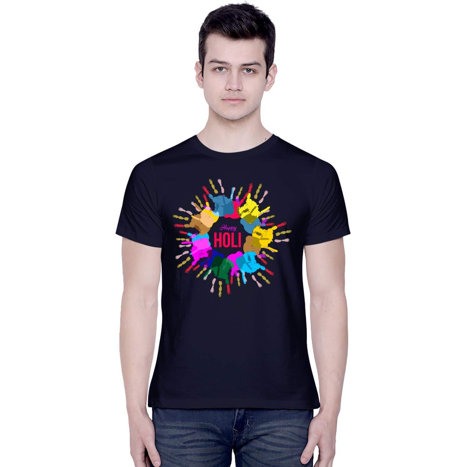 CreativiT Graphic Printed T-Shirt for Unisex Holi Tshirt | Casual Half Sleeve Round Neck T-Shirt | 100% Cotton | D00306-1_Navy Blue_Small