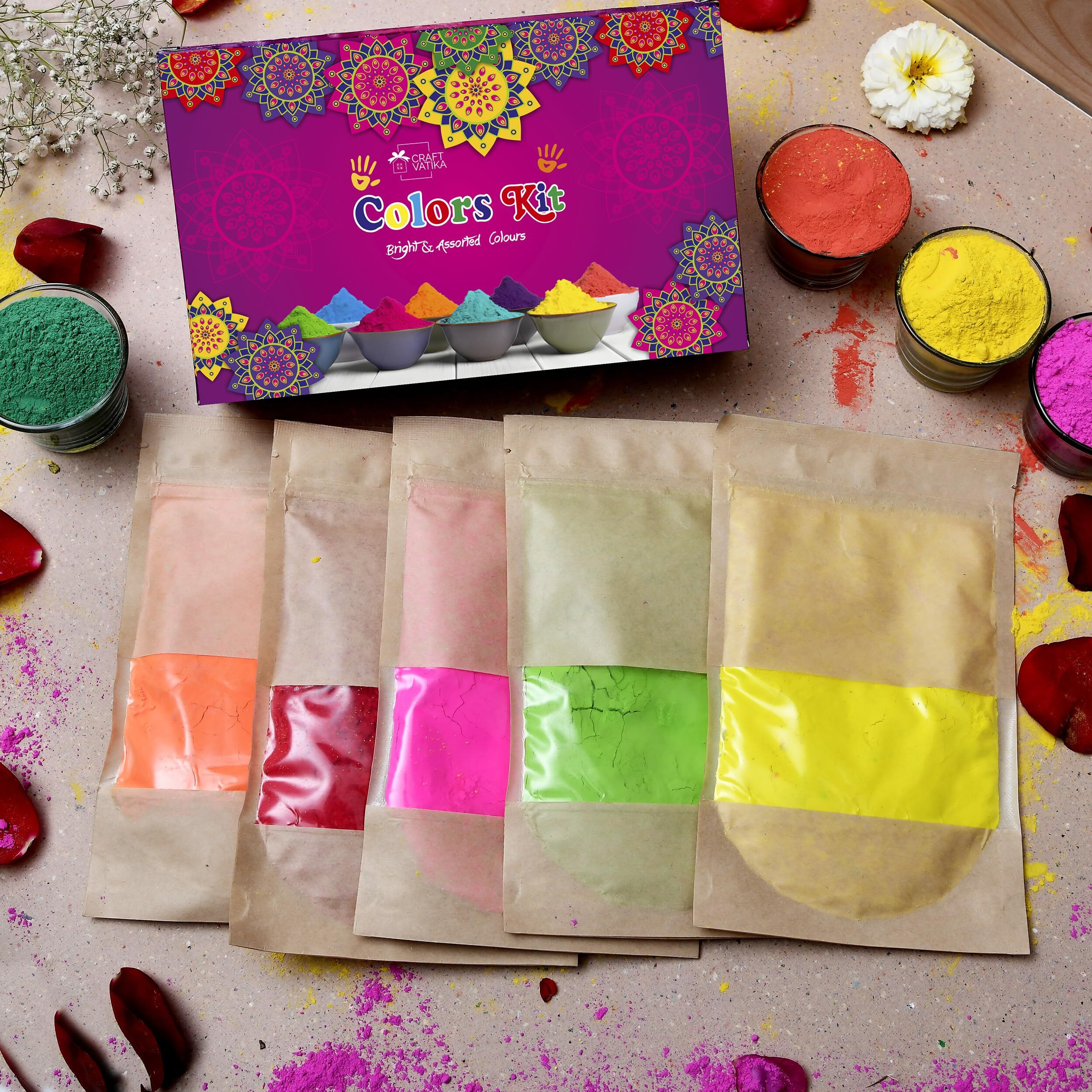 CraftVatika Holi Colours - 5 Natural & organic Holi Gulal Rang - 400g 5 Flavor  80g Herbal Gulal Organic Holi Colours for Family Non Toxic Organic Skin Safe Holi Colors Holi Gifts Pack