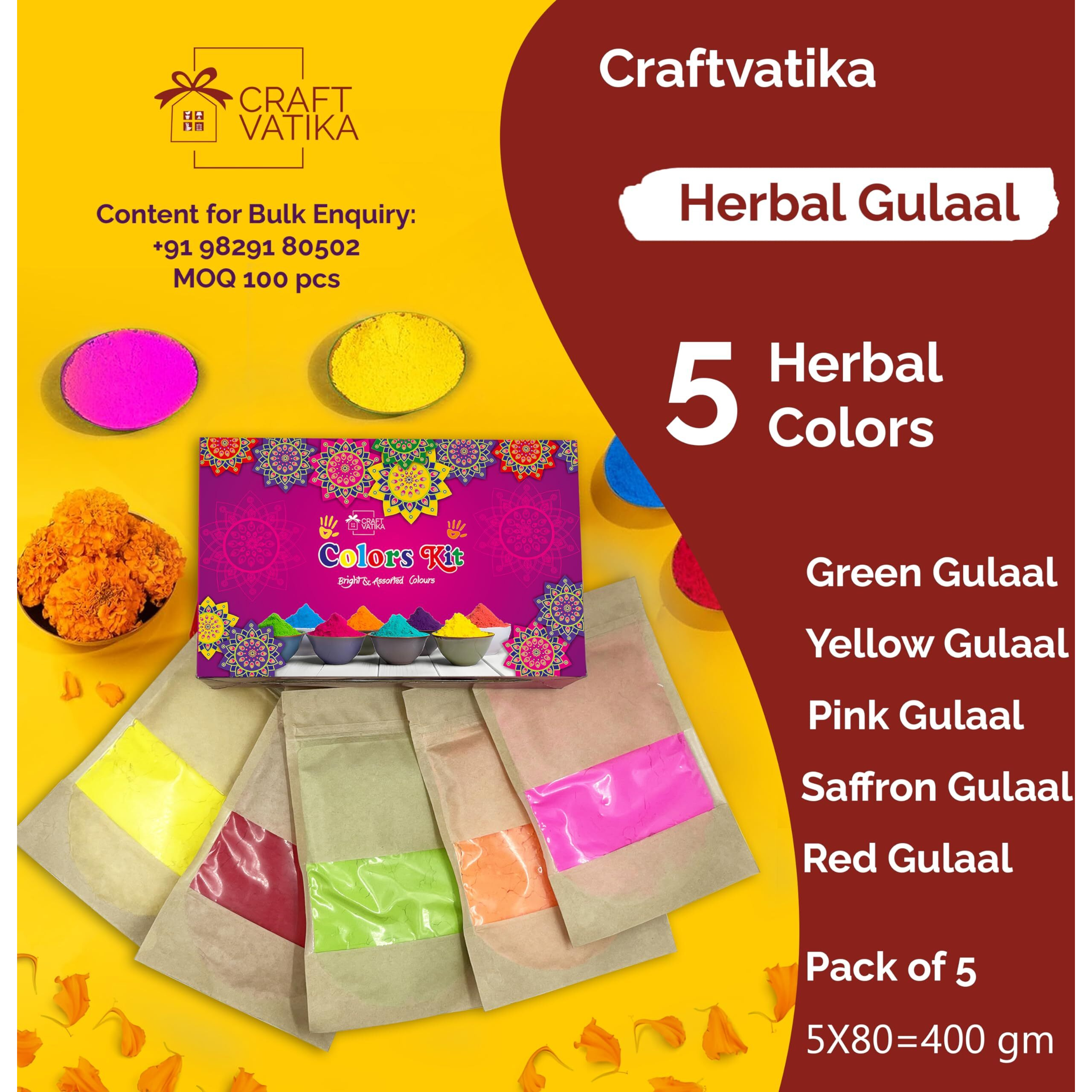 CraftVatika Holi Colours - 5 Natural & organic Holi Gulal Rang - 400g 5 Flavor  80g Herbal Gulal Organic Holi Colours for Family Non Toxic Organic Skin Safe Holi Colors Holi Gifts Pack
