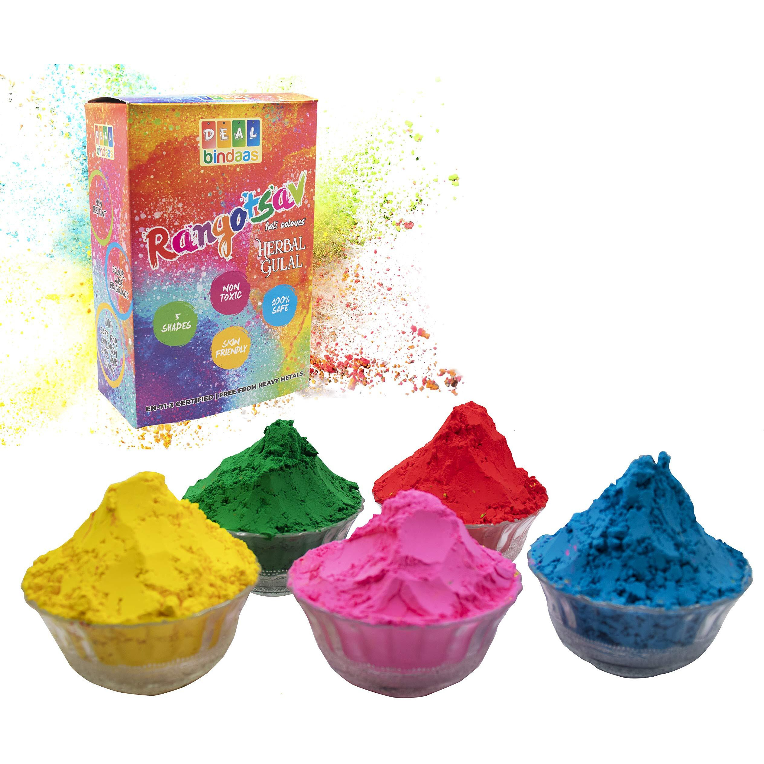 DealBindaas Deal Bindaas Herbal Gulal Rangotasav Holi Colour 750 Gms 5 Shades|Non Toxic|Eco Friendly|Safe Holi Color Powder Pack of 3  750Gm. (15Pcs X 50Gm) Herbal Gulal, Multicolor
