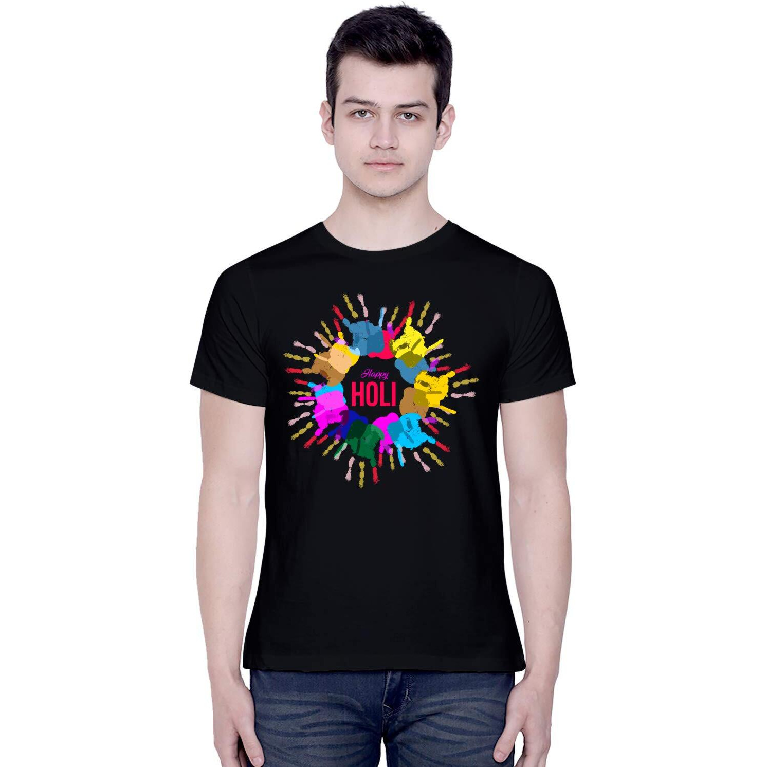 CreativiT Graphic Printed T-Shirt for Unisex Holi Tshirt | Casual Half Sleeve Round Neck T-Shirt | 100% Cotton | D00306-1_Black_Small