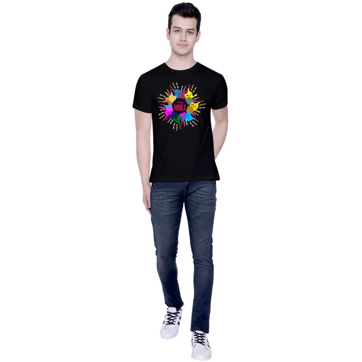 CreativiT Graphic Printed T-Shirt for Unisex Holi Tshirt | Casual Half Sleeve Round Neck T-Shirt | 100% Cotton | D00306-1_Black_Small