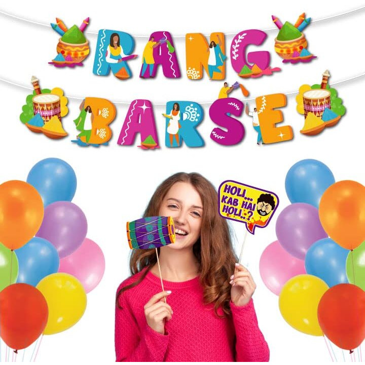 Festiko Happy Holi Decoration Combo Photo Booth Props,Holi Banner,Multicolour Balloons Holi Decoration Items for Party Holi Decorations, Party Decoration Colourful Banner for Holi Party (Pack of 53)