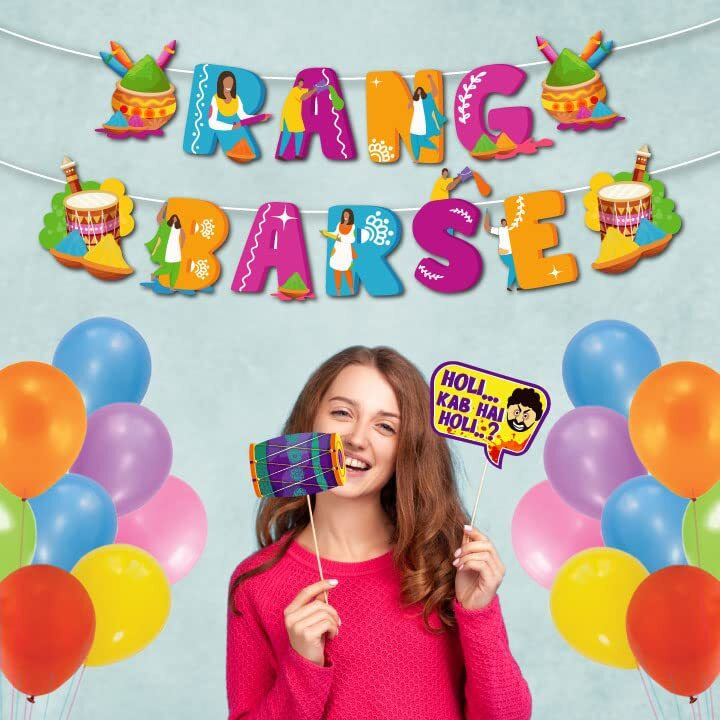 Festiko Happy Holi Decoration Combo Photo Booth Props,Holi Banner,Multicolour Balloons Holi Decoration Items for Party Holi Decorations, Party Decoration Colourful Banner for Holi Party (Pack of 53)