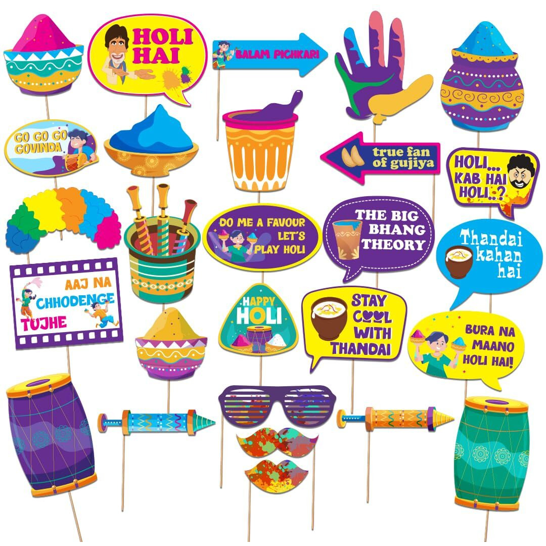 FestikoHoli Photo Booth Props Holi Decoration Items for Party [27pcs] Holi Decorations, Party Decoration/Holi Photo Booth/Happy Hoil Decoration, Holi Theme Prop/Holi Selfie/Holi Festive