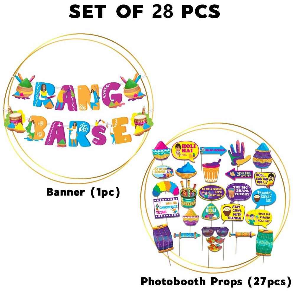 Festiko Happy Holi Decoration Combo 27 Pcs of Photo Booth Props+1 Set Holi Banner,Holi Decoration Items for Party Holi Decorations, Party Decoration Colourful Banner for Holi Party (Pack of 28)
