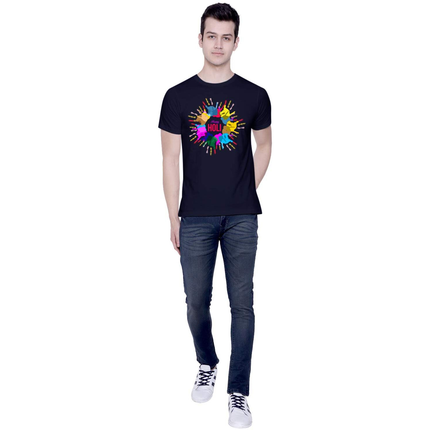 CreativiT Graphic Printed T-Shirt for Unisex Holi Tshirt | Casual Half Sleeve Round Neck T-Shirt | 100% Cotton | D00306-1_Navy Blue_XX-Large
